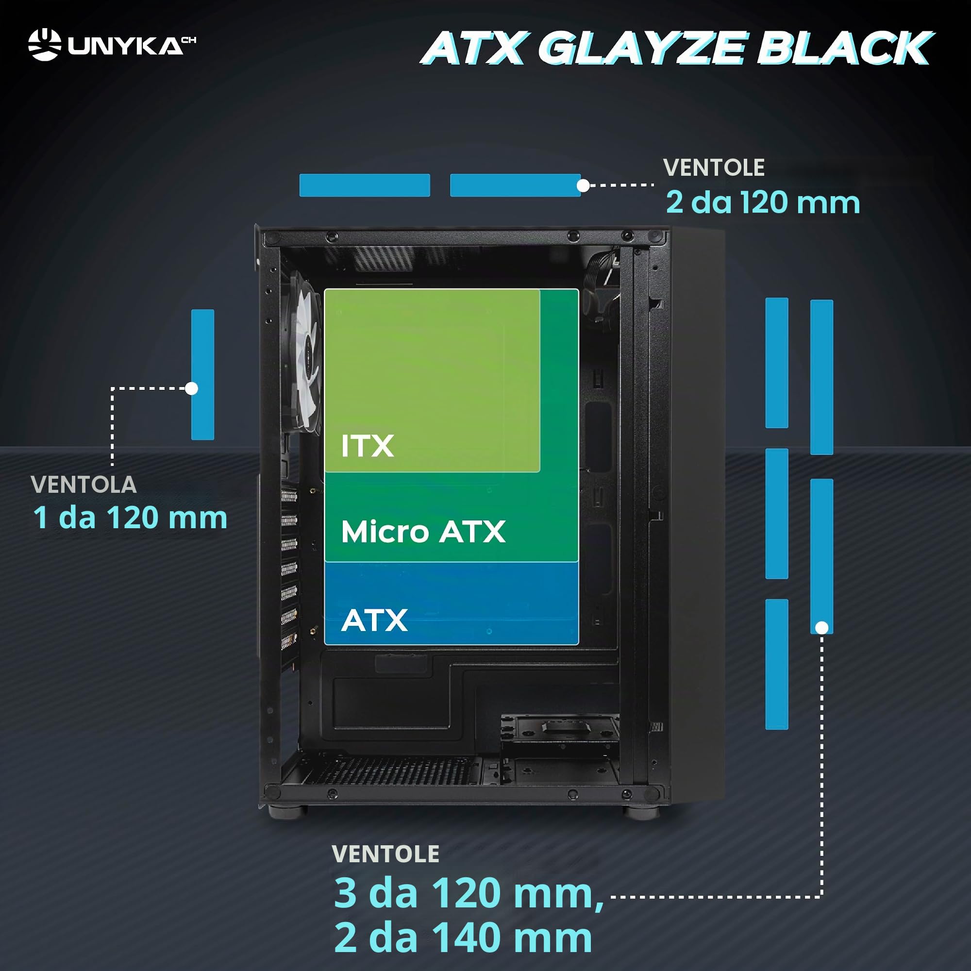 Unykach - Case Computer GamingATX Glayze Nero, frontale ARGB, pannello laterale in vetro temperato, 1 ventola RGB 120 mm, sistema di montaggio senza strumenti, 1 USB 3.0 e 2 USB 2.0