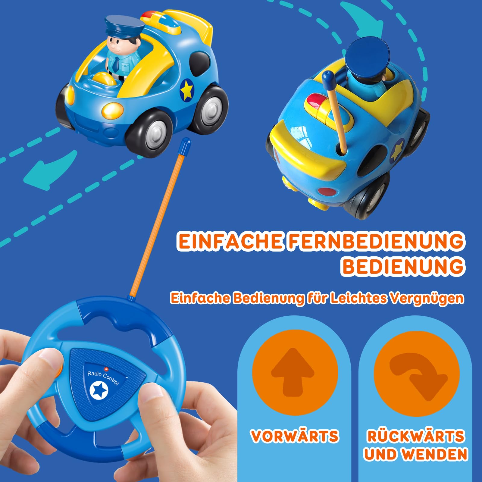 Pup Go Fernbedienung Cartoon Polizeiauto für Kinder 1 2 3 Jahre, Ferngesteuertes Auto Spielzeug mit Musik und Licht, Radio Control Rennwagen Kinderspielzeug, Ideal RC Auto Geschenk für Junge