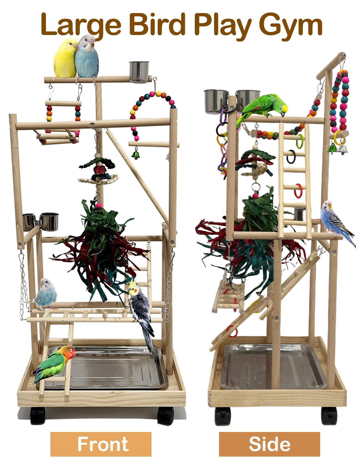Parque Infantil Grande de Madera de 4 Niveles con Ruedas, Soporte de Madera Natural para Loros, Soporte para pájaros con Escalera, Accesorios de Juguete para cacatúa, cacatúa, cuáquero
