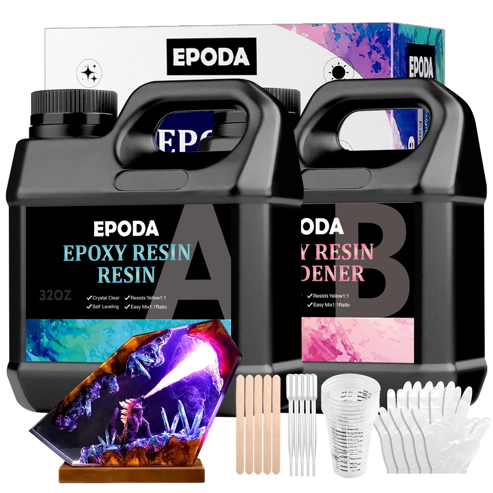 Resin 64oz/1.9l, Epoxy Resin Kit for Crafts, Bubble Free Casting Resin, 1:1 Epoxy Resin and Hardener, Resin Craft Kits for Beginners with Measuring Cups, Sticks, Gloves and Dropper Pipette