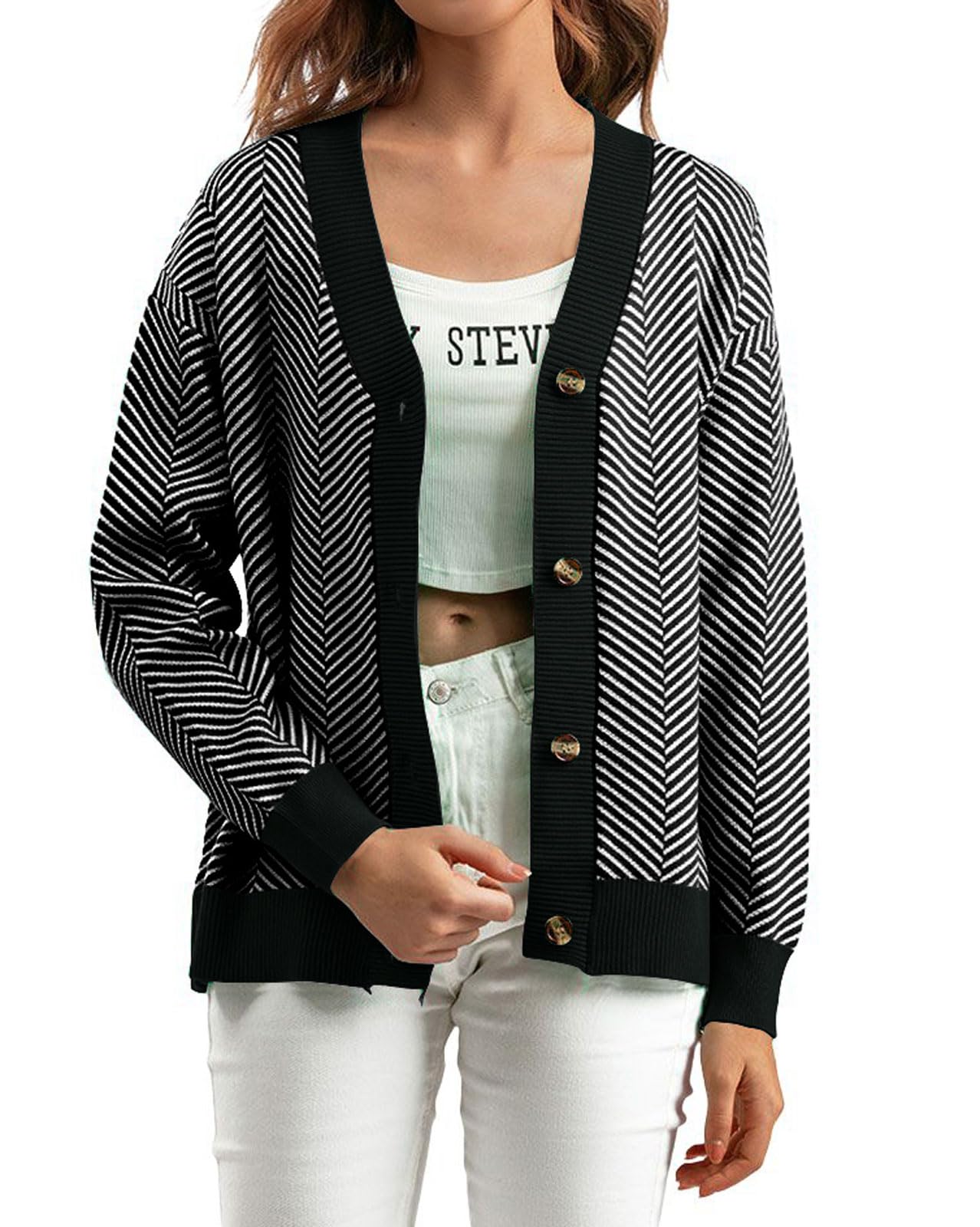 loveimgs Women Chunky Button Down Knit Striped Sweater Cardigan Jacket Fall Long Sleeve Herringbone Knitted V Neck Cardigan