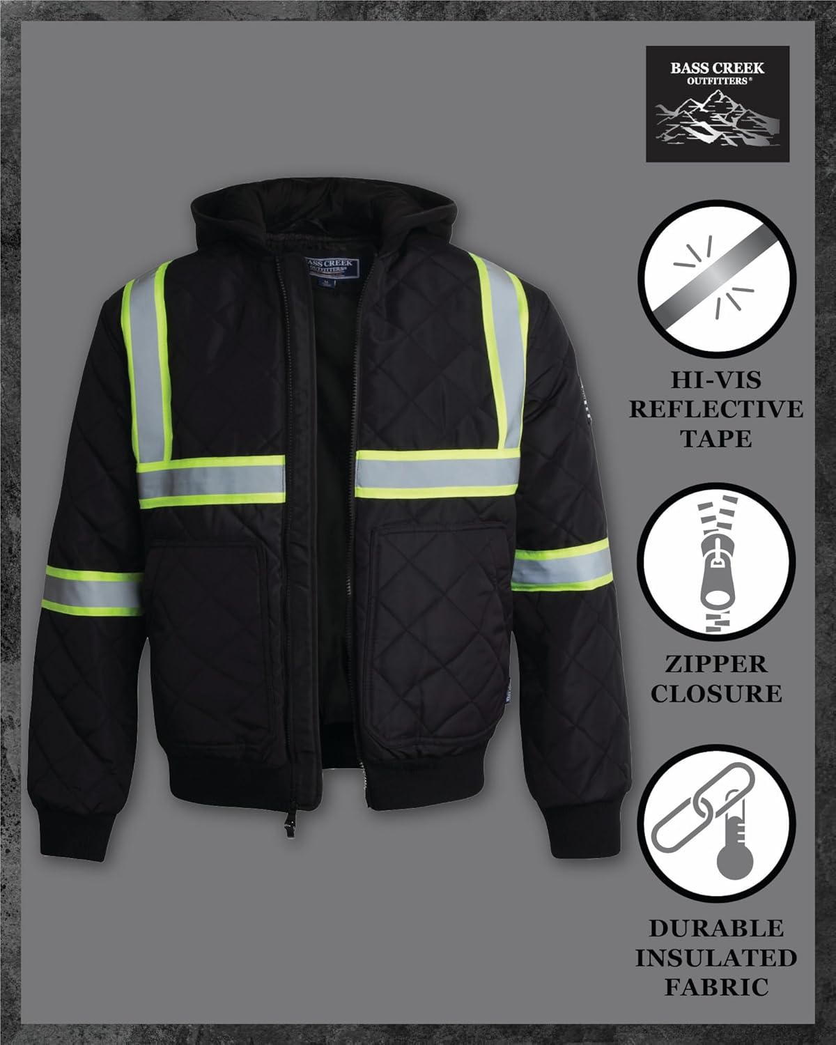 Bass Creek Outfitters Mens High Visibility Jacket - Quilted Hi Vis Bomber Safety Work Jackets for Men with Fleece Hood