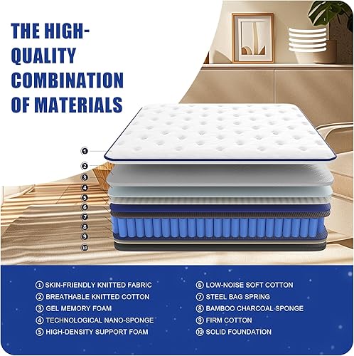 Miniatura 5 de Colchón de tamaño King de 80 x 76 x 12 pulgadas, algodón suave y transpirable, diseño ergonómico, resortes reforzados con bolsillos individuales,