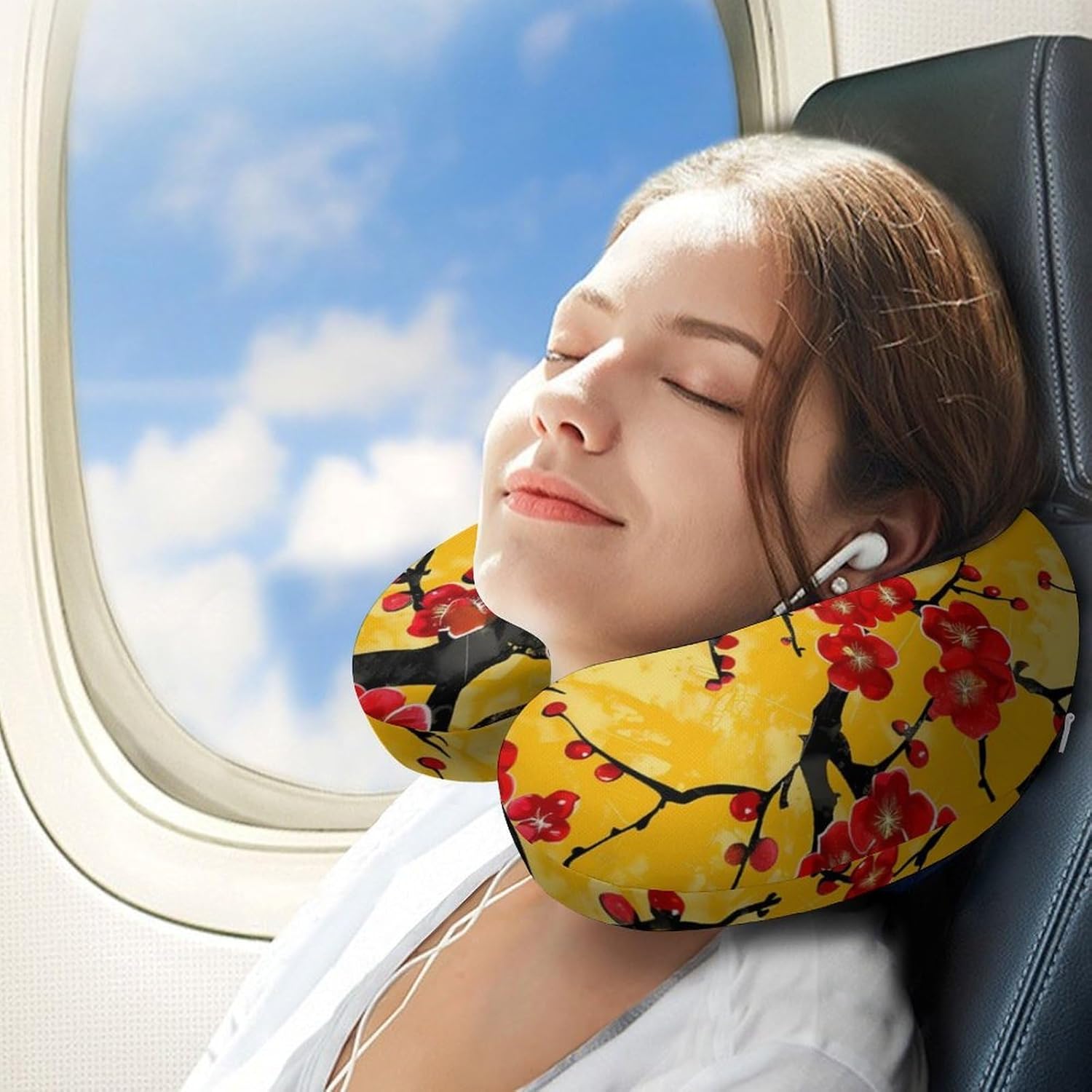 Japanese Style Cherry Flowers Travel Pillow U Shape Neck Pillow Washable Pillowcase for Sleeping Chair