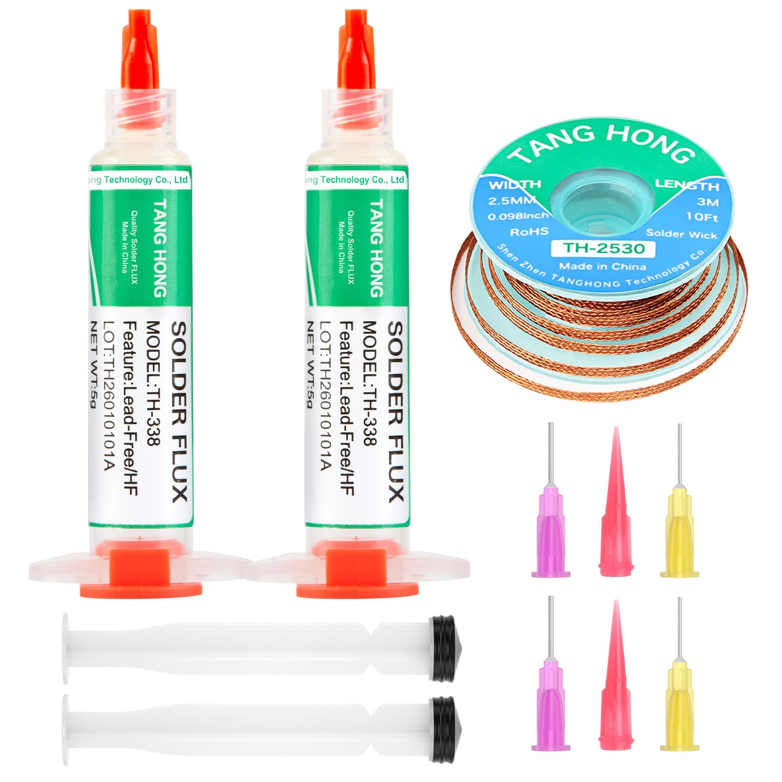 TANG HONG TH-338 Flussmittel Löten,5ML No-Clean Bleifreies Kolophonium Flussmittel (2 Stück) 2.5MM/3M Entlötlitze (1 Stück) Geeignet Für Handy-Lötungen,BGA,Haushaltsgerätereparaturen