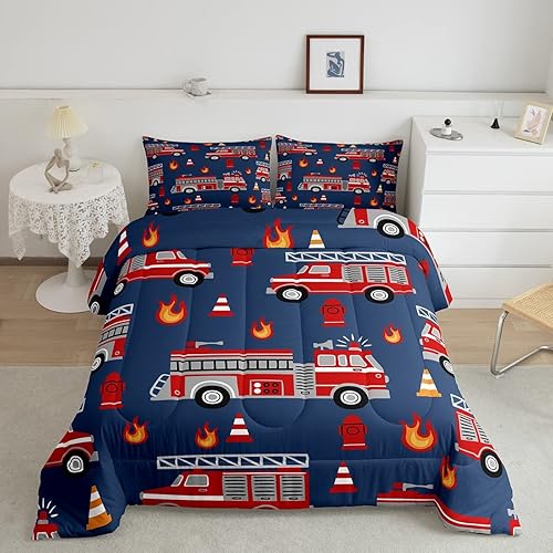 Miniatura 1 de Juego de ropa de cama de coche de dibujos animados para niños, niñas, adolescentes, decoración de habitación, edredón de bomberos, automóvil,