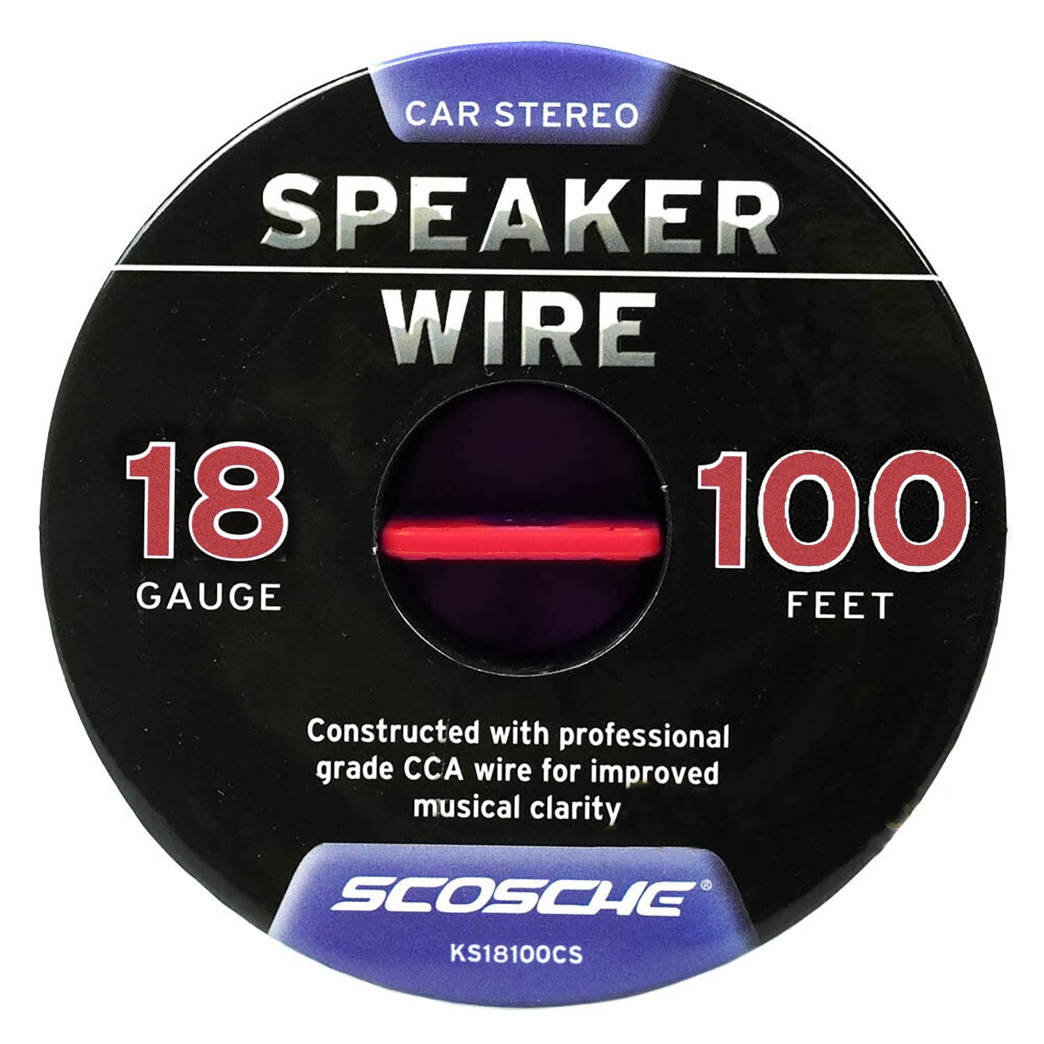 Scosche KS18100CS 18 Gauge CCA Car Stereo Speaker Wire - 18 AWG Audio Cable for Automotive Sound Systems - Copper Clad Aluminium 100 Foot Spool