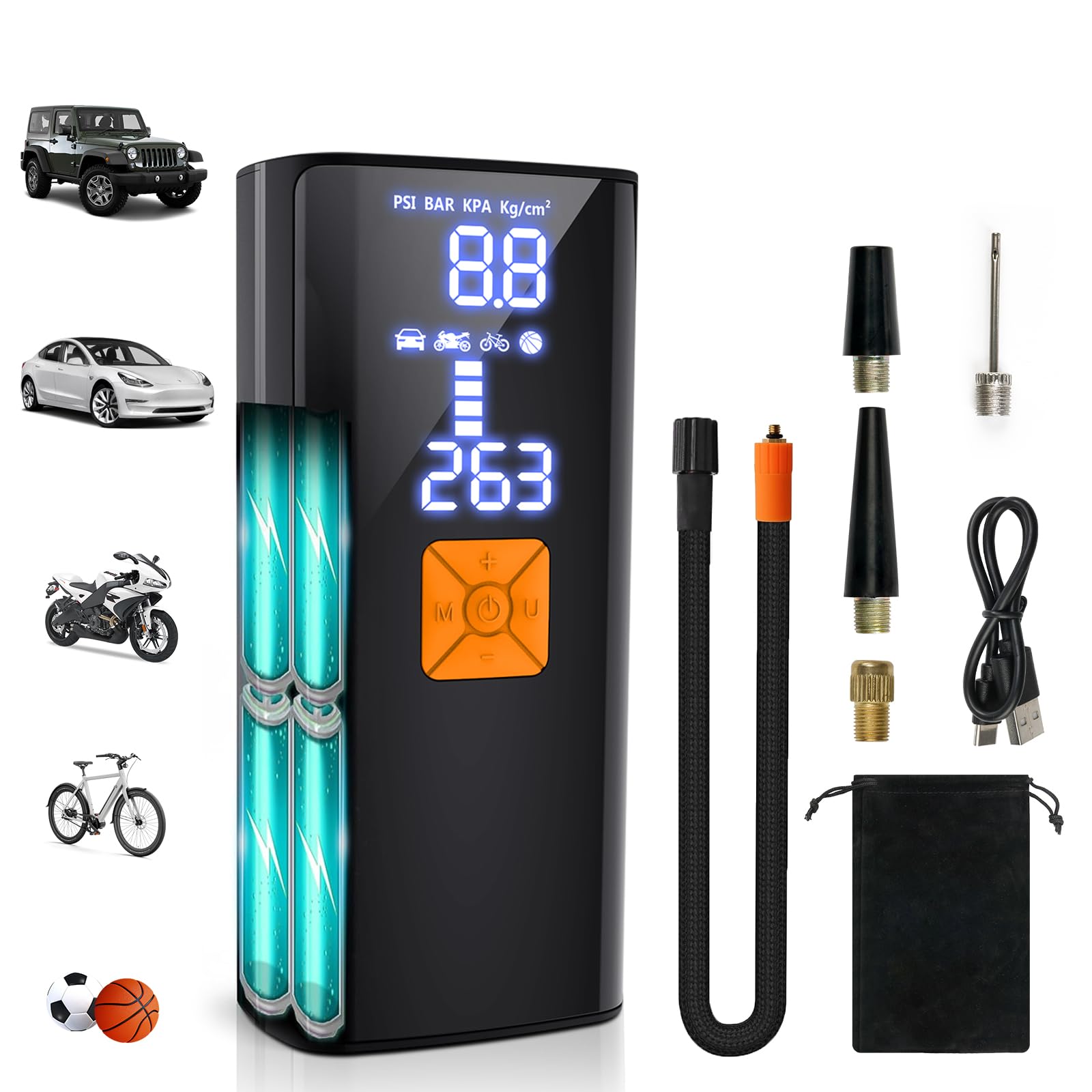 Compressore d'aria portatile, 150 psi, senza fili, per auto, moto, biciclette, palloni da basket e sport, con luce LED, manometro digitale