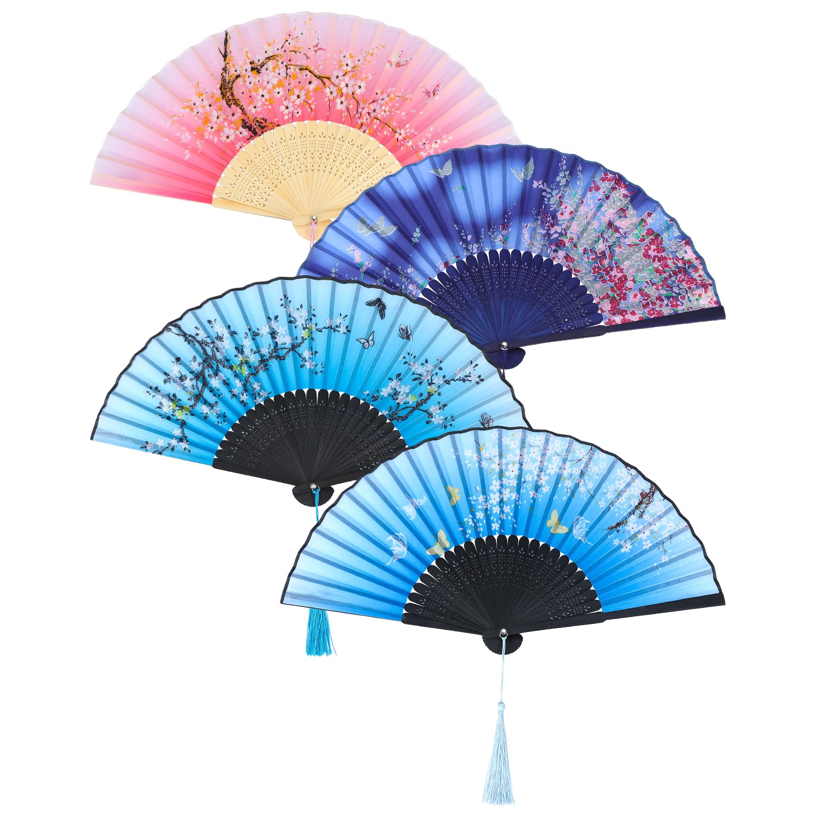saerryor 4 Pack Hand Folding Fans Vintage Chinese Style Silk Fan with Bamboo Handle and Tassel Handheld Folding Fan for Wedding Performance Dancing Home