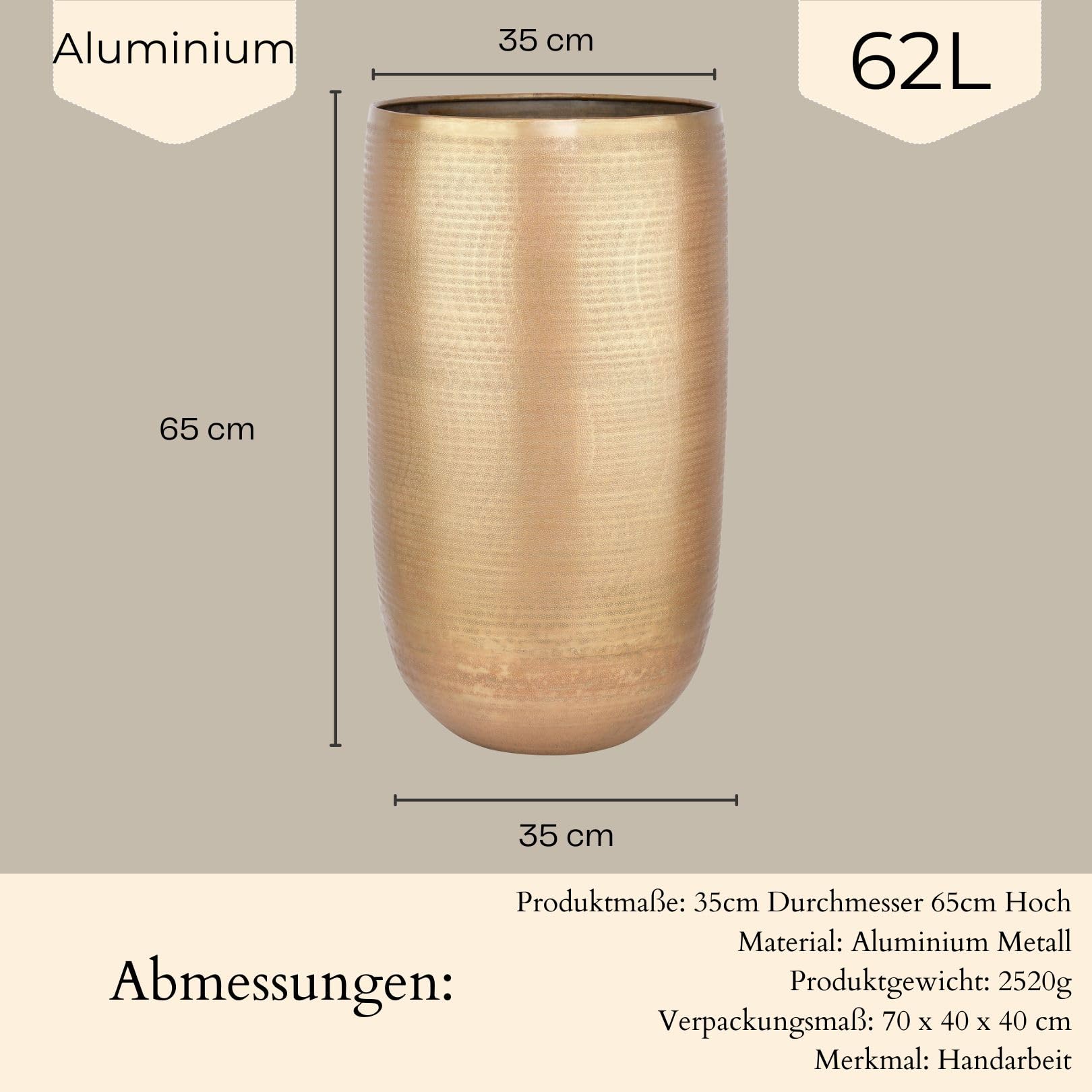 Marrakesch XXL aluminiowa donica na kwiaty, wazon podłogowy, 65 cm, złota, matowa, 62 l, duża, okrągła, do użytku wewnątrz i na zewnątrz, do ogrodu, na balkon i do salonu