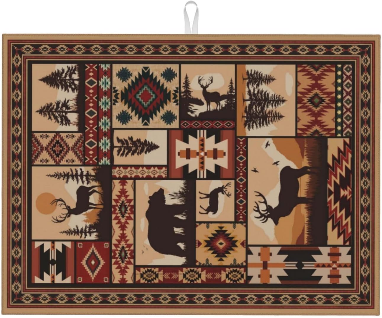 Western Wildlife Geometric Dish Drying Mat for Kitchen Counter, Absorbent Microfiber Washable Drying Pad for Dishes, Absorption, Foldable, Decorative Rustic Kitchen Mat for Sink, Home Decor, 18" x 24"