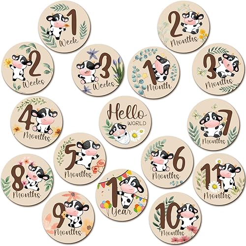 16 tarjetas mensuales de madera para bebé, discos de marcador de hitos mensuales de doble cara, círculos de madera para bebés, letreros de meses
