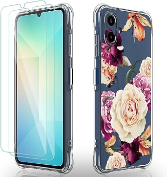Osophter for Galaxy A06 4G Case Women Girls Flower Floral with Screen Protector Flexible TPU Rubber Phone Cover Case for Samsung Galaxy A06Purple Flower