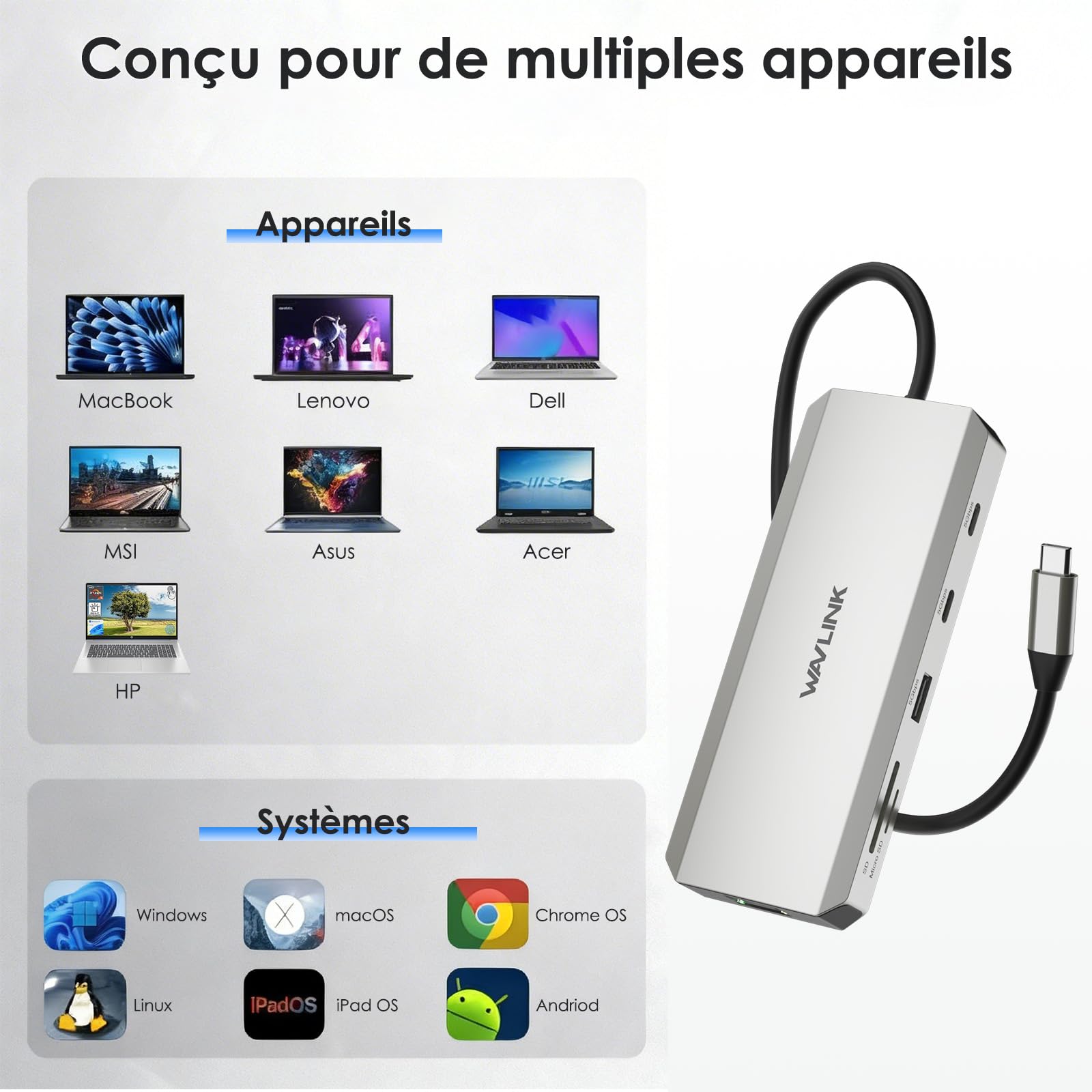 WAVLINK Station d'accueil USB C 10-en-1 pour ordinateur portable, double HDMI 4K@60Hz, ports USB A/C 3.0, emplacements SD/TF, charge PD 100W, Ethernet Gigabit, port audio, compatible with Dell/HP