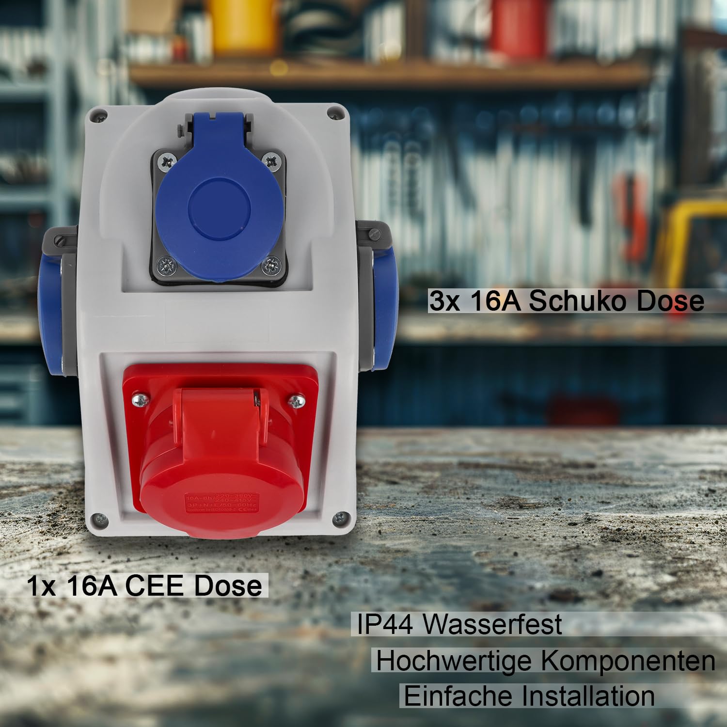 EBROM CEE-Verteilerdose – 1x CEE 16A 5P 400V + 3x Schuko 16A 230V IP44 | spritzwassergeschützt – Vorverkabelt & anschlussfertig – Robustes Gehäuse – Hochwertige Industriequalität