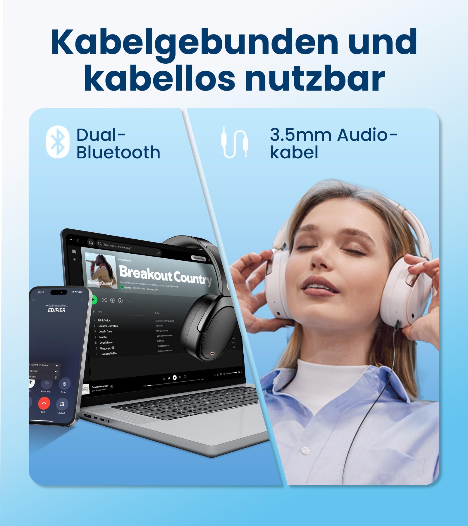 Edifier WH950NB (2026) Faltbarer Over-Ear Kopfhörer mit Hybrid Active Noise Cancelling. LDAC Codec mit Hi-Res Audio und Custom EQ über App. Bis zu 80 Std. Akkulaufzeit. Bluetooth V5.4 (Weiß)