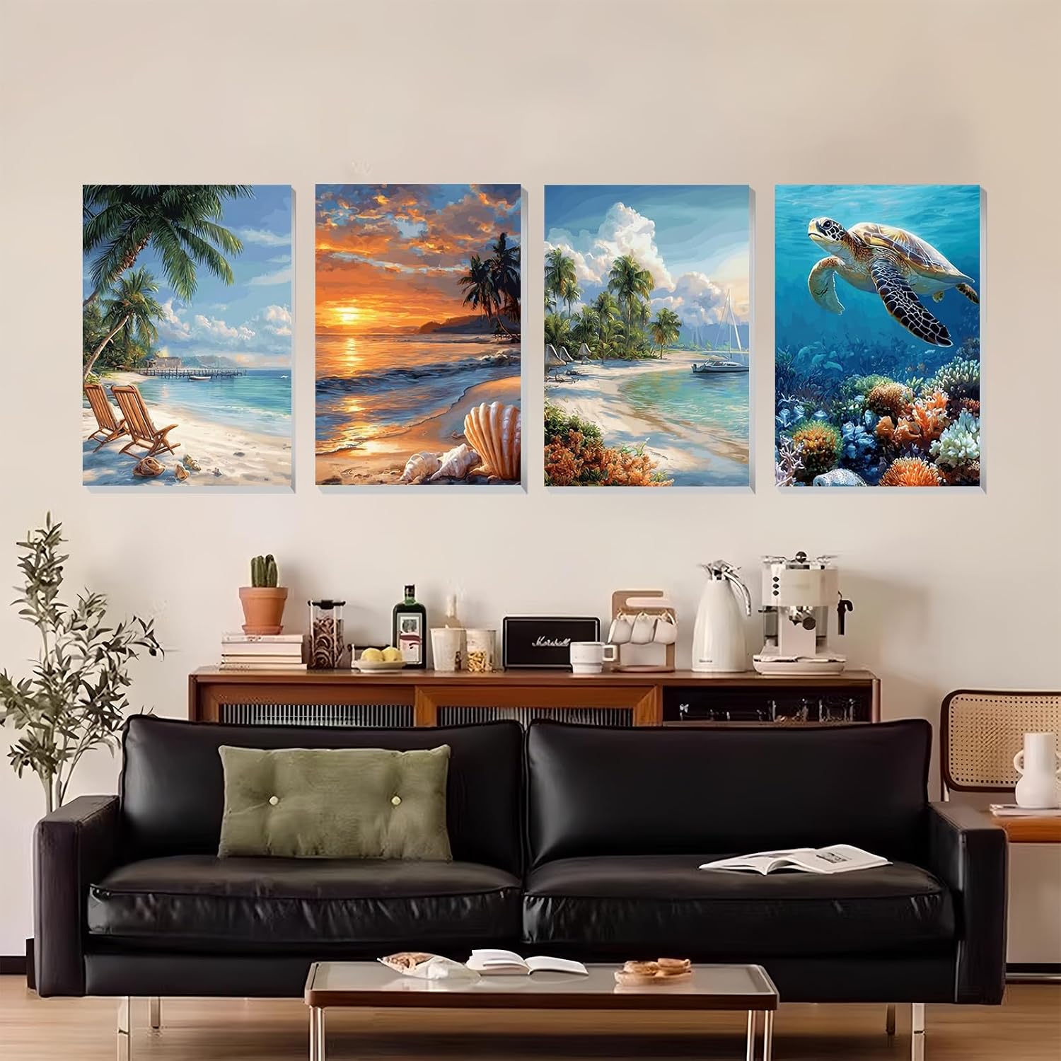 XTCIXAL 4 Pack Paint by Numbers Kit for Adults with Framed and Easel, Beach Paint by Number Kits, Sea Turtle Acrylic Oil Painting with Brushes for Home Wall Decor (8x12 Inch)