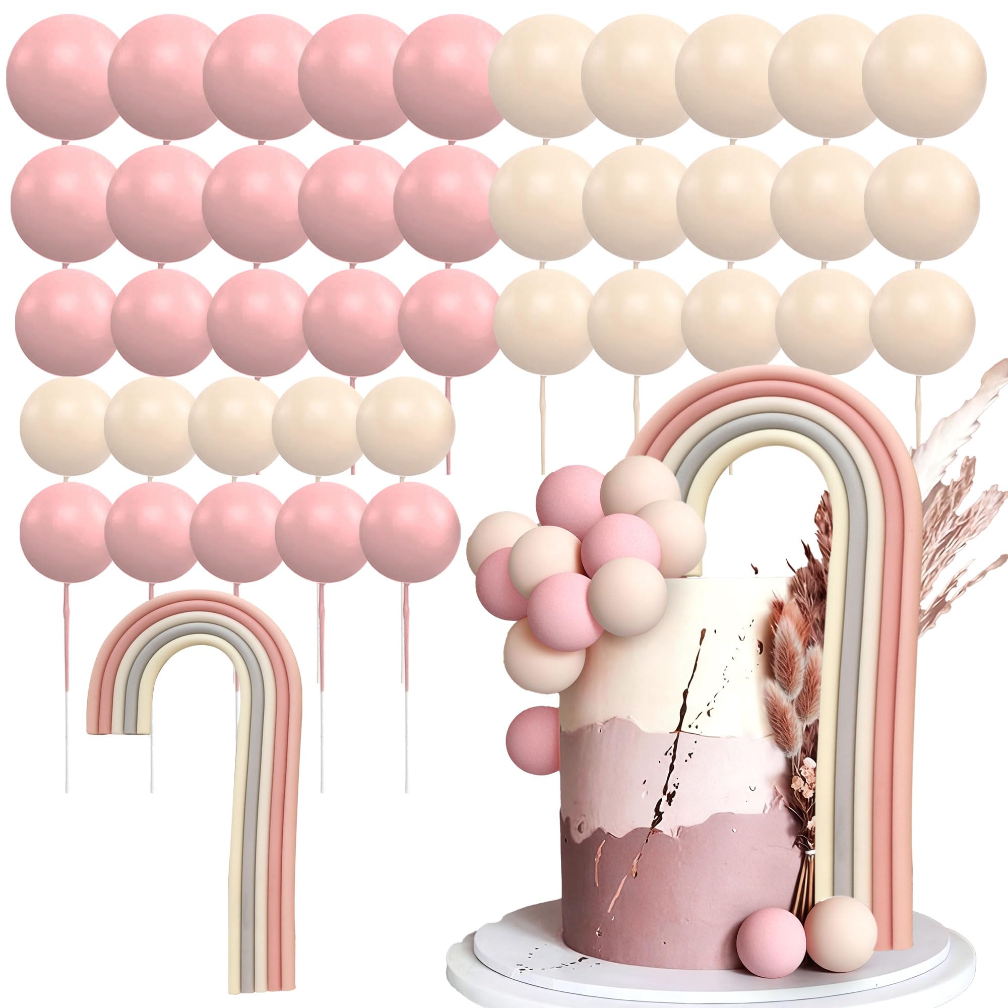 LaVenty 41PCS Boho Rainbow Cake Decoration Nude Balls Cake Topper Beige Balls Champagne Cake Decoration Baby Shower Birthday