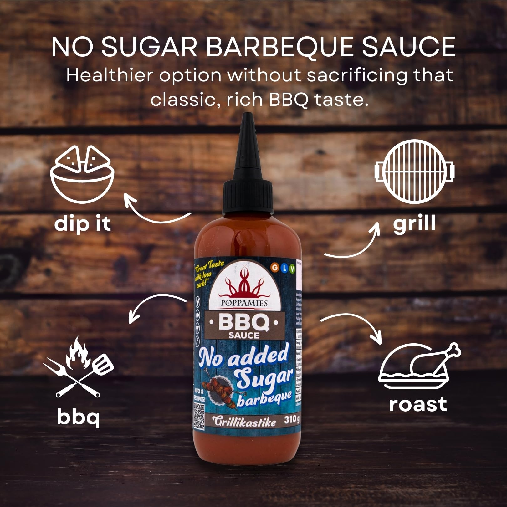 Salsa BBQ Poppamies Sin Azúcares Añadidos – Sabor Ahumado e Intenso Bajo en Carbohidratos – Sin Gluten, Sin Lactosa, Vegana – 310g — view 3