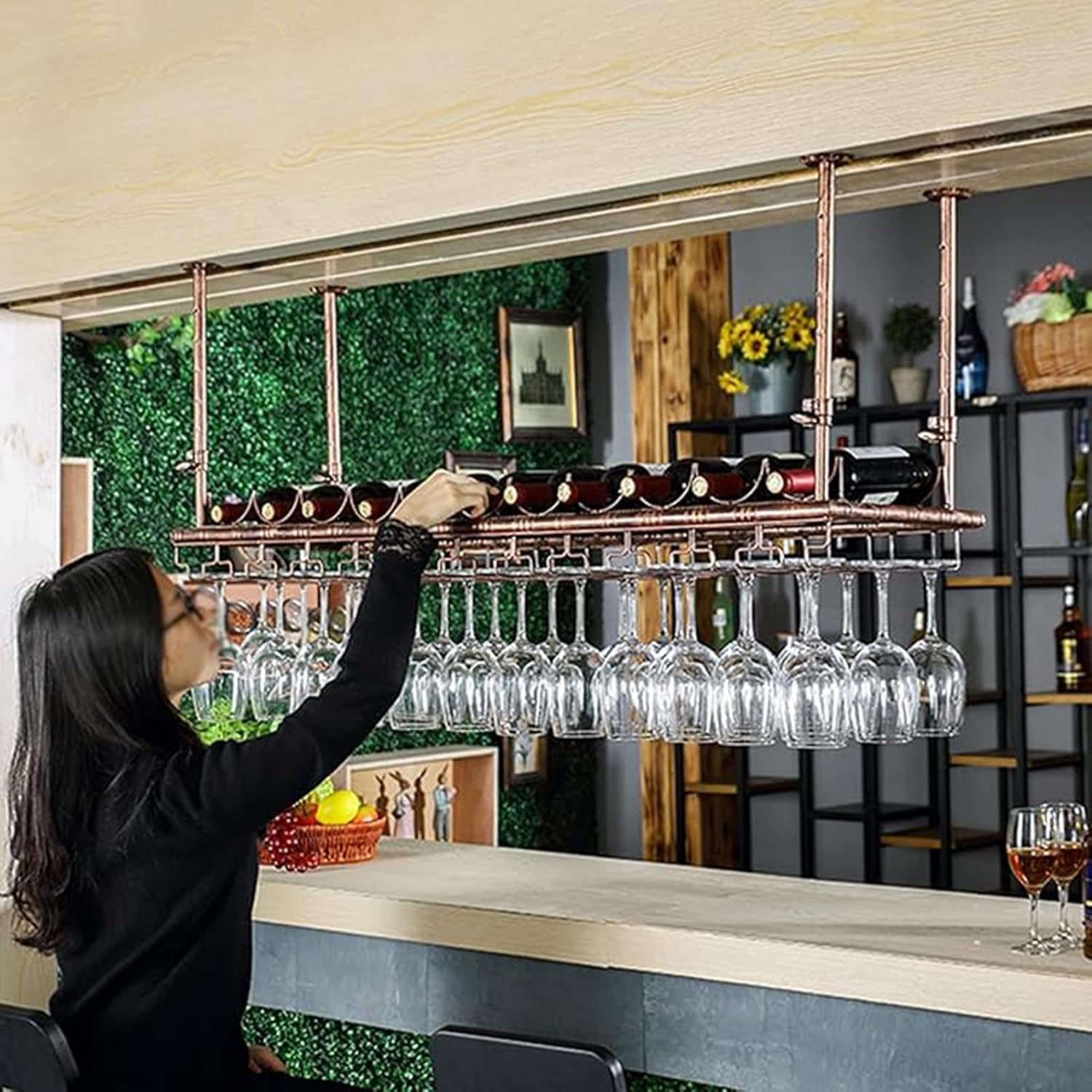 Hanging Goblet Stemware - Adjustable Hanging Wine Glass Rack, Ceiling Glass Storage Rack, Ceiling Floating Shelf/Plant Rack/Display Stand, Ceiling Wine Glass Shelf(80x35cm)