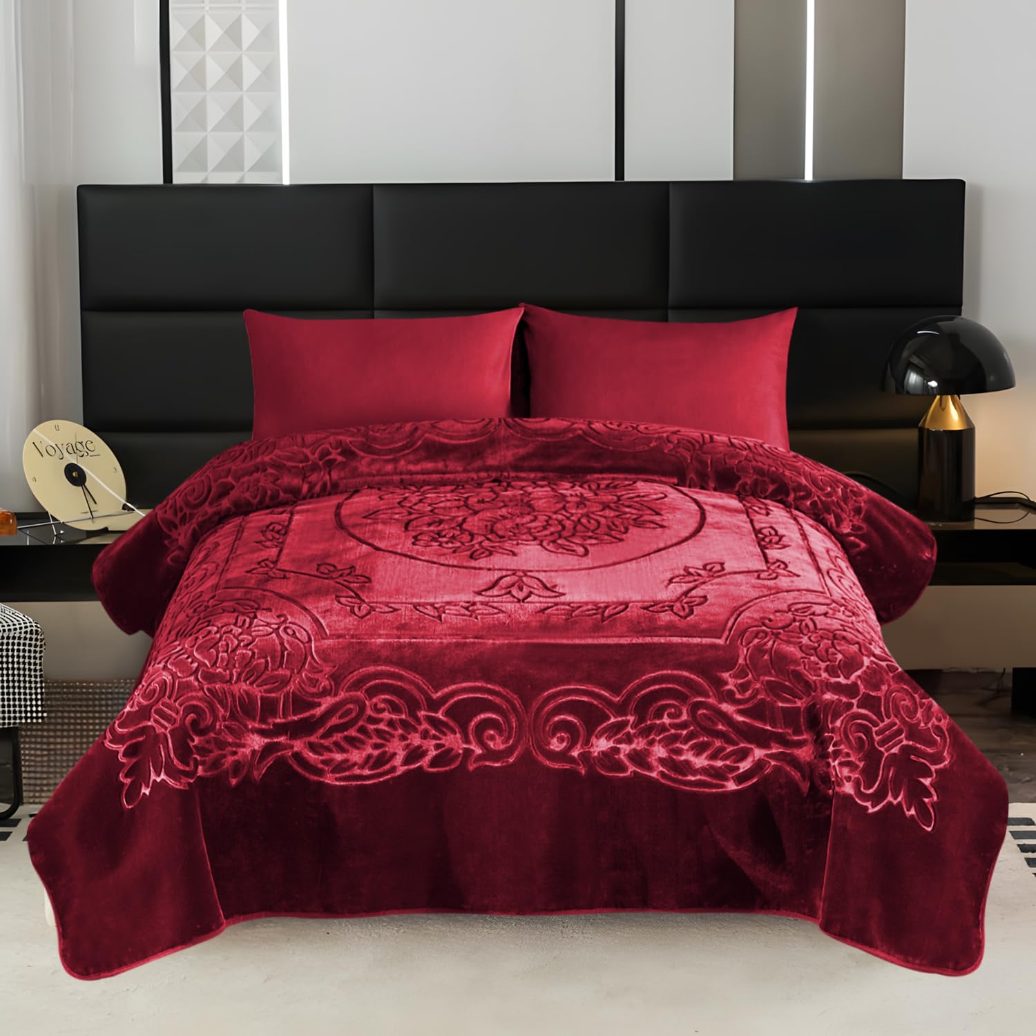 JYK 9 Lbs Korean Mink Blanket Heavy Fleece King Size Bed Blanket 85" x 95", Soft and Thick Blanket, Super Warm Flannel Blanket for Autumn, Winter, Bed, Couch, Sofa, Burgundy