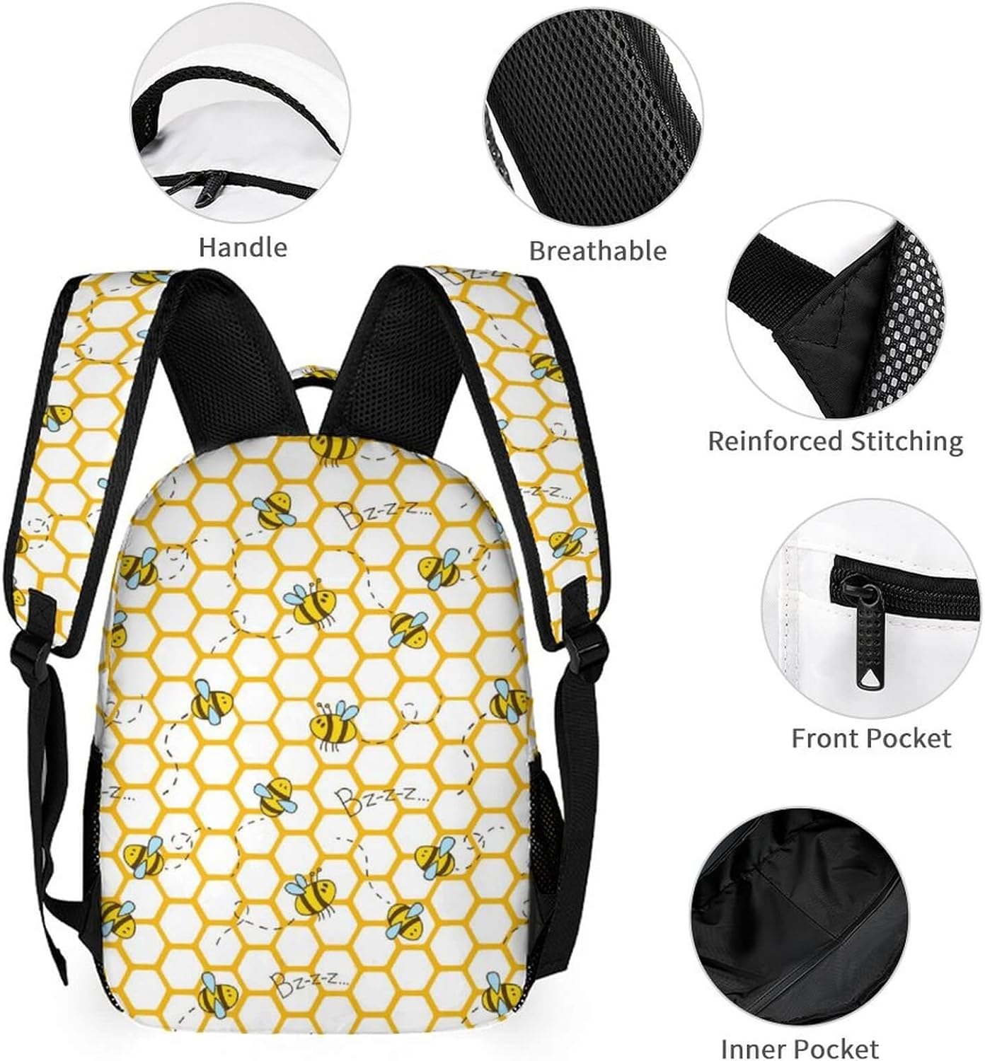 Bee Backpack with Lunch Box & Pencil Case for Kids Girls Boys School, 16 Inch Cute Bees Bookbag, School Backpack for Students Children, Lightweight, Large Capacity