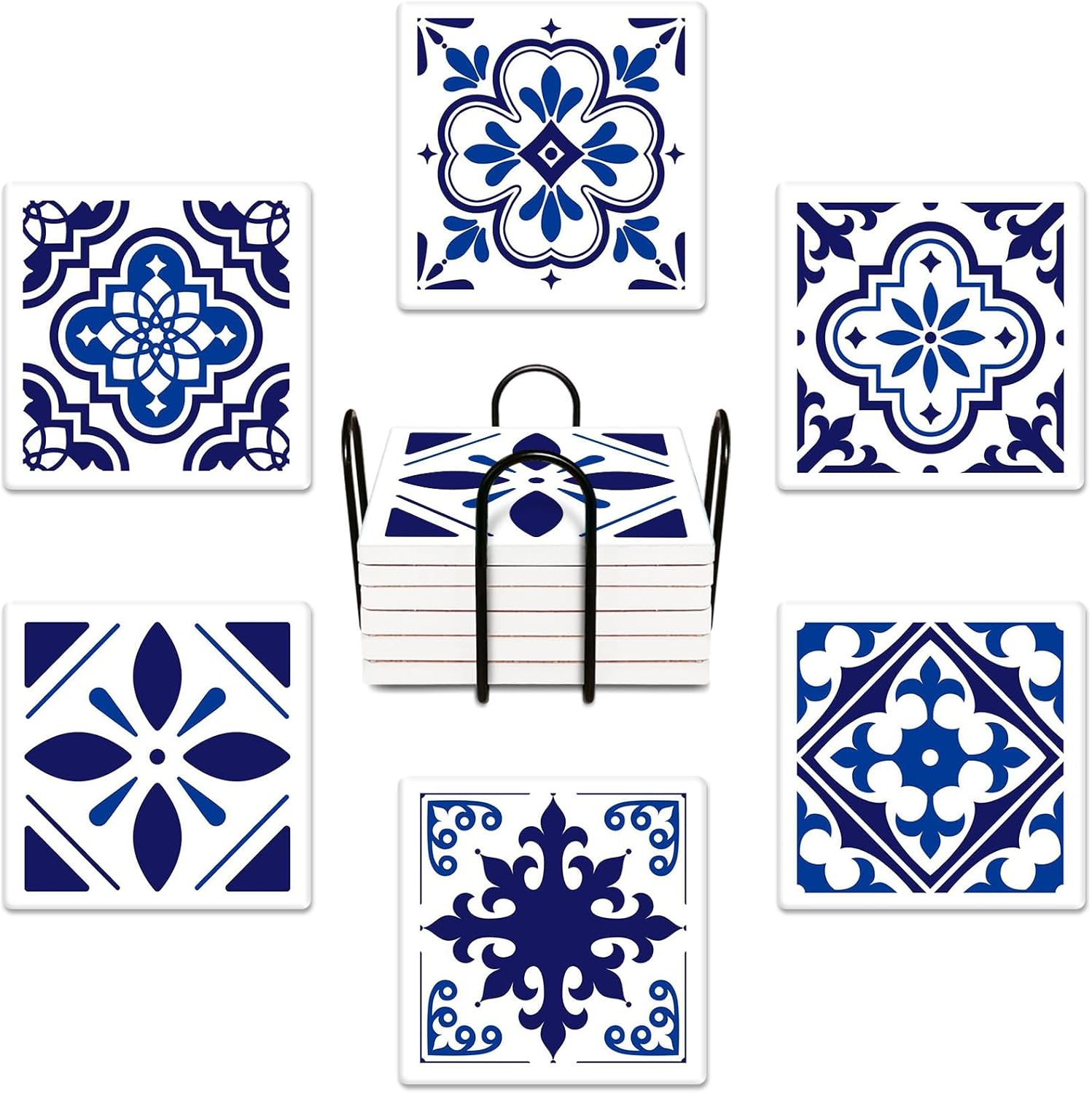 Coasters for Drinks Set of 6, Navy Blue Ceramic Tiles Geometric Pattern Absorbent Square Ceramic Stone Mat, with Cork Base and Metal Holder, Gift for Housewarming Room Bar Decor