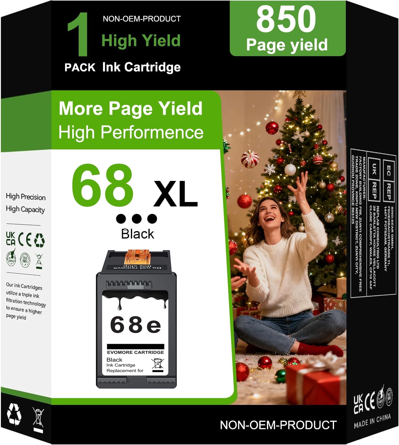 68XL Black Ink Cartridges High Yield Black 1 Pack Replacement for HP Printers Envy 6555e 6100e 6500e Series 68e Compatible with 6155e 6555e 6152e 6552e 6558e 6165e