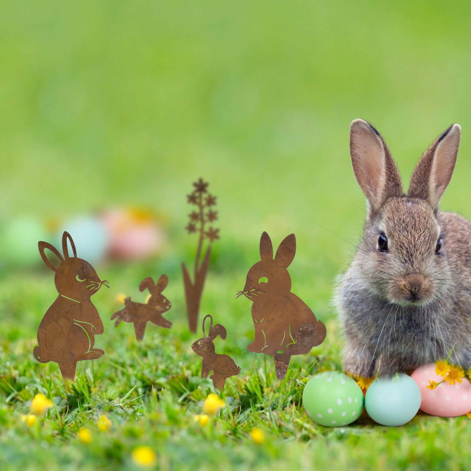 BOFUNX 5pcs Signes de Cour Pâques Signe de Pelouse en Fer Rouillé Forme de Lapin Panneaux de Pâques Piquets de Jardin Décorations Extérieures Jardin de Pâques