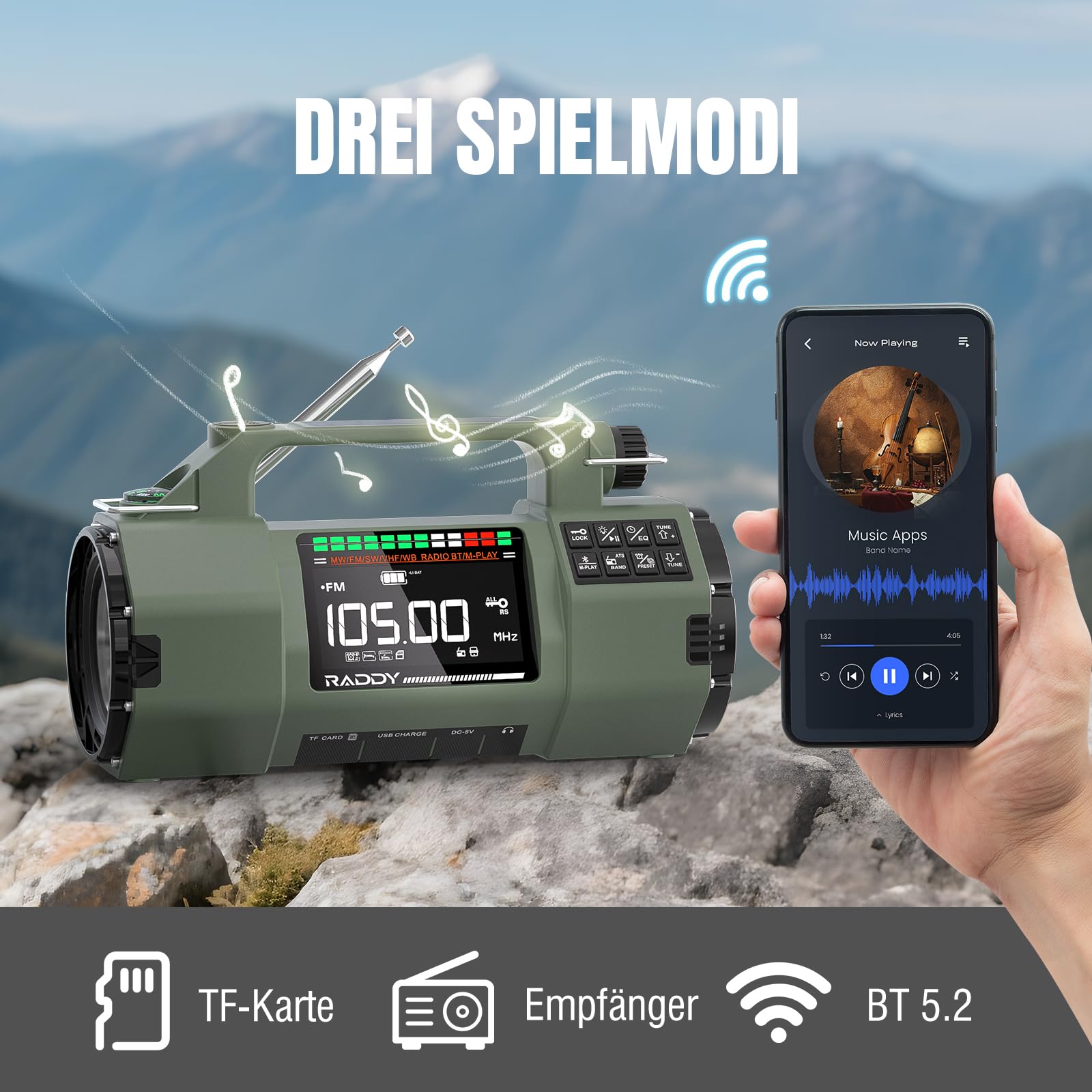 Raddy SH-907 radio awaryjne z kontrolą przez aplikację, radio na korbkę, słoneczne, ręczne, zakrzywione, odbiornik AM/FM/SW/VHF z wymienną baterią 5000 mAh, latarka, SOS, kompas na braki prądu