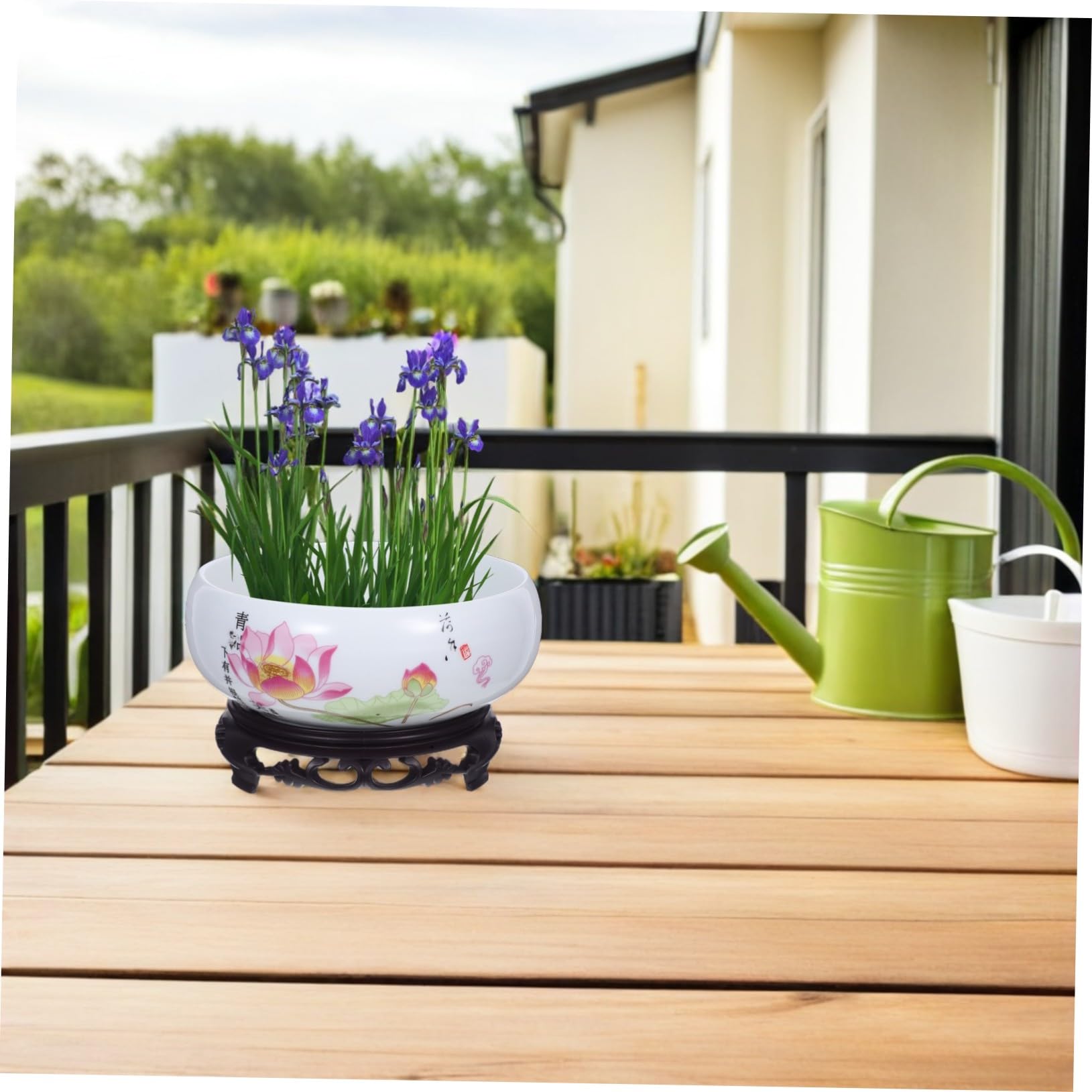 TOYANDONA Ceramiczny Ozdobny Doniczka Do Kwiatów Wodnych z Motywem Lotosu Bezotworowy Hydroponiczny Rośliny Wodne z Podstawką Niebiesko Biała Porcelana Do Dekoracji Wnętrz