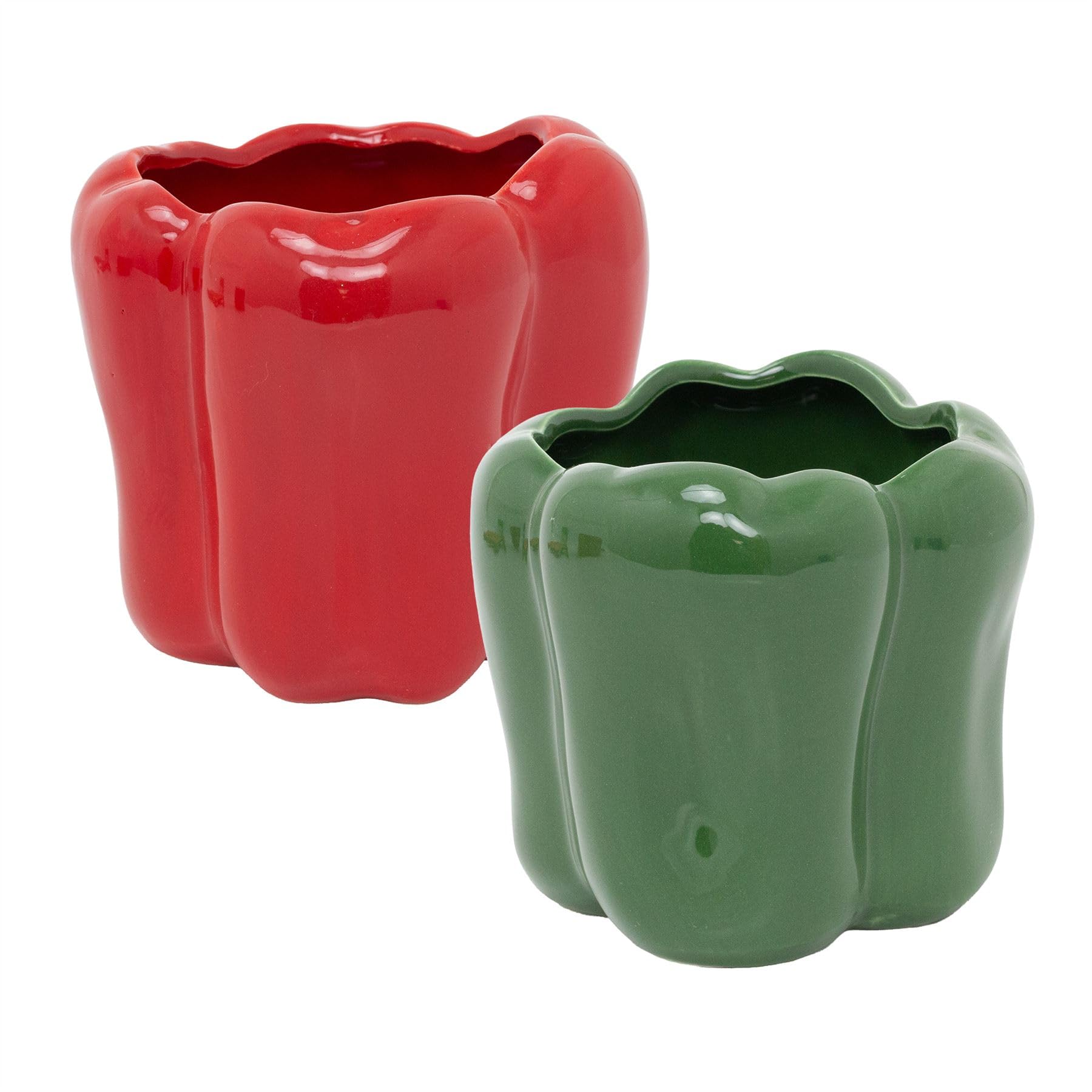 Set of 2 Ceramic Bell Pepper Planters, 12cm Red and Green Vegetable Plant Pots for Indoor Outdoor Herb Displays