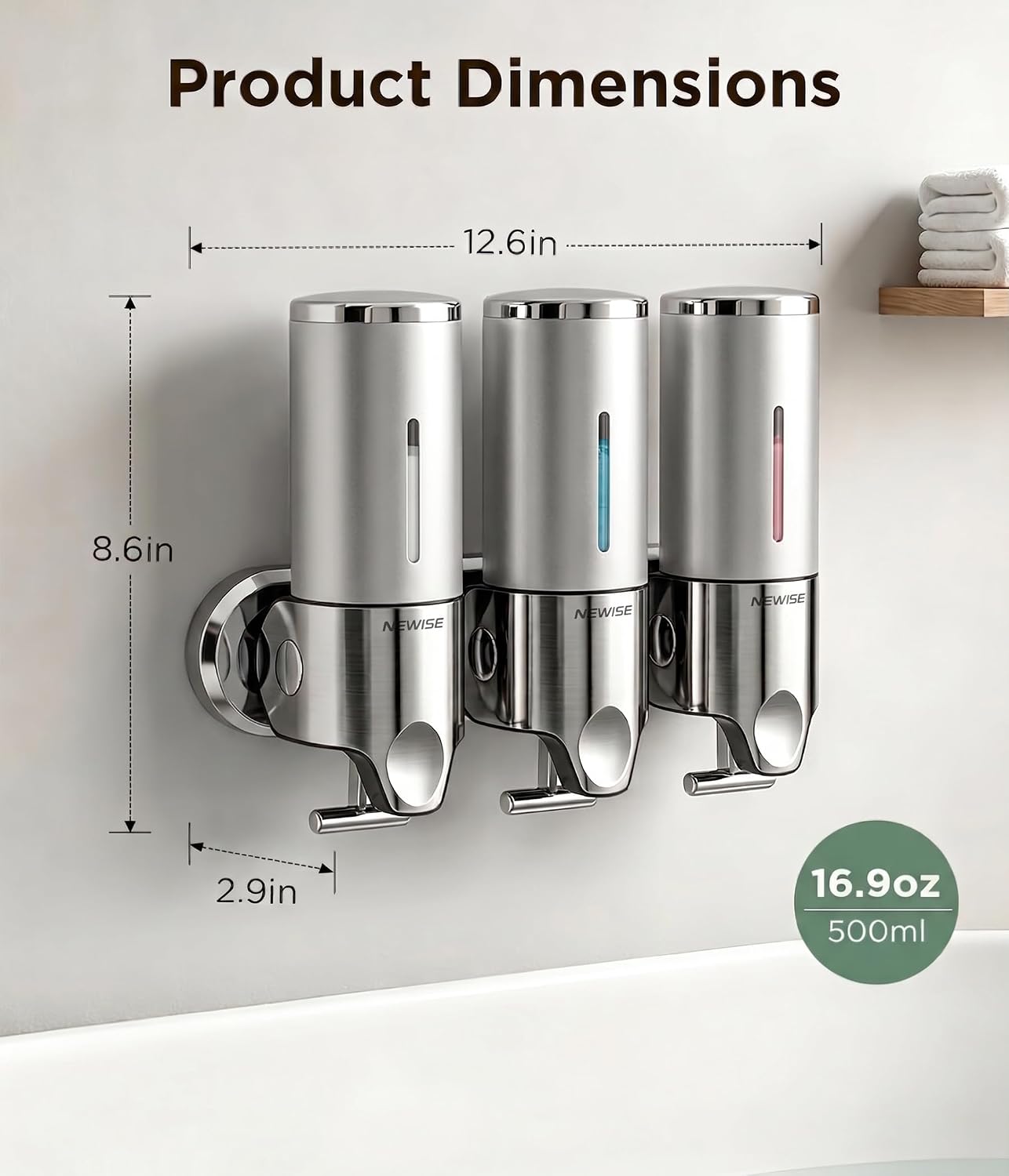 Shower Soap Dispenser, 3 Chamber 35 Oz Wall Mount, Stainless Steel, Silver image 4