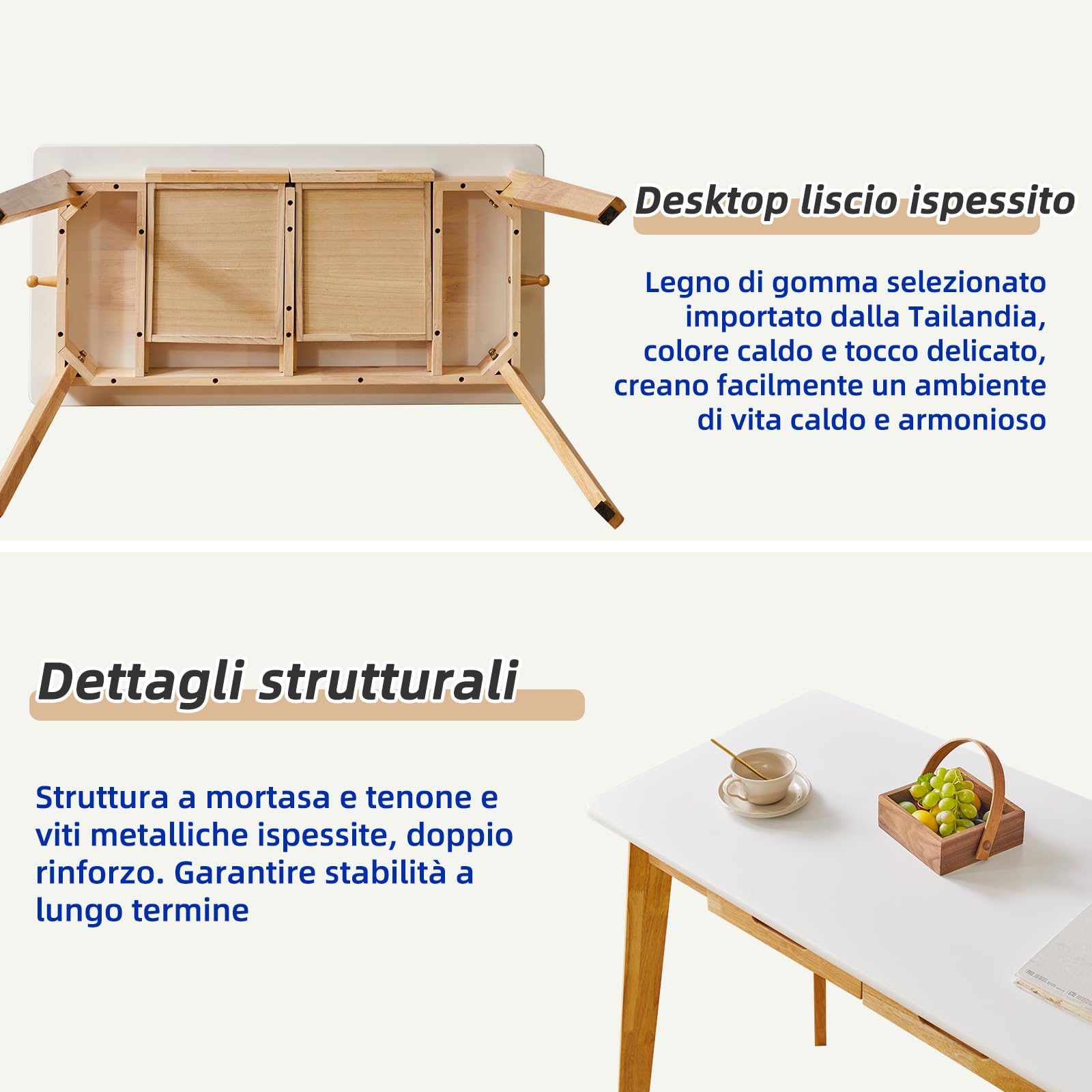 Aibiju Piccola Scrivania per Computer, Scrivania in Legno con Cassetto e asta Pensile, Scrivania da Studio, Scrivania da Lavoro, Tavolo da Pranzo in Legno Bianco + Gambe in Legno Naturale YD-WD01WN
