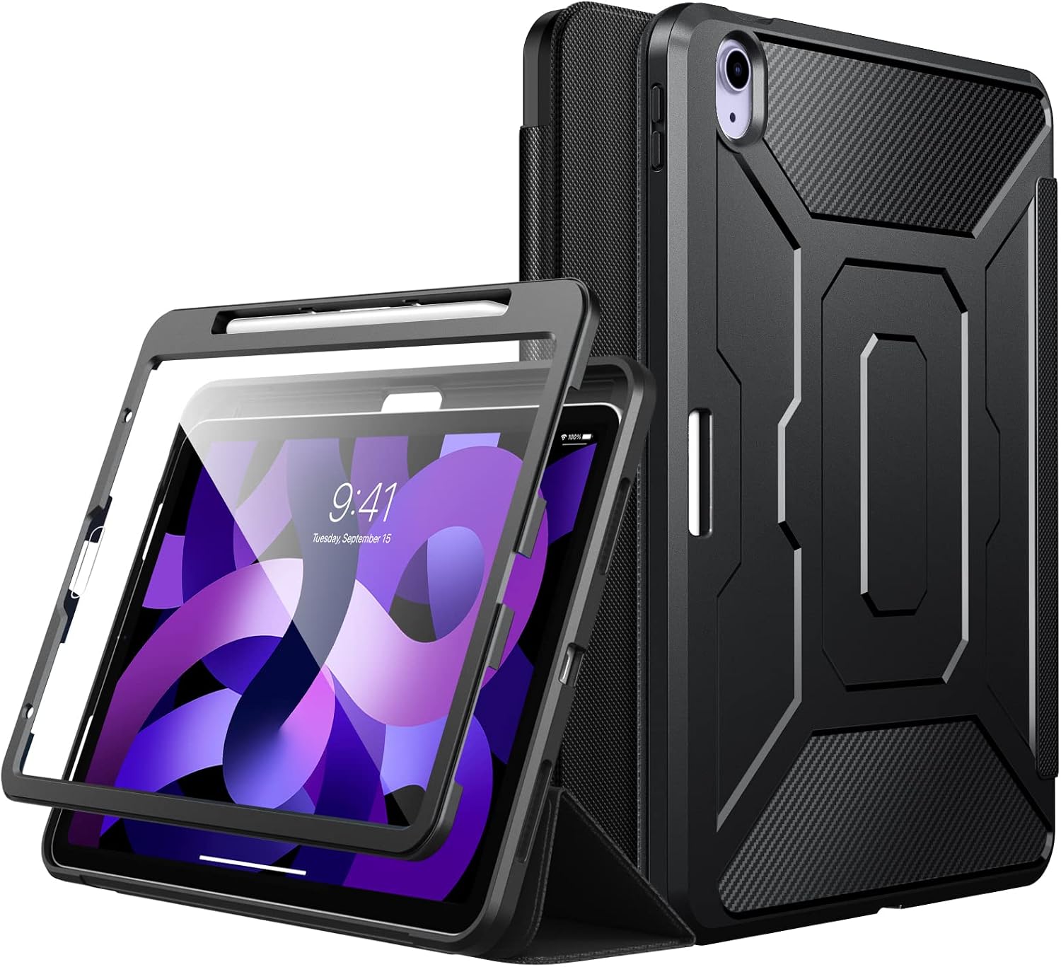 MoKo Case Fit iPad Air 5th/4th Generation 10.9 2022/2020, [Support Touch ID] [Built-in Screen Protector] Full-Body Shockproof Case Smart Shell Stand Cover with Auto Sleep/Wake & Pencil Holder,Black
