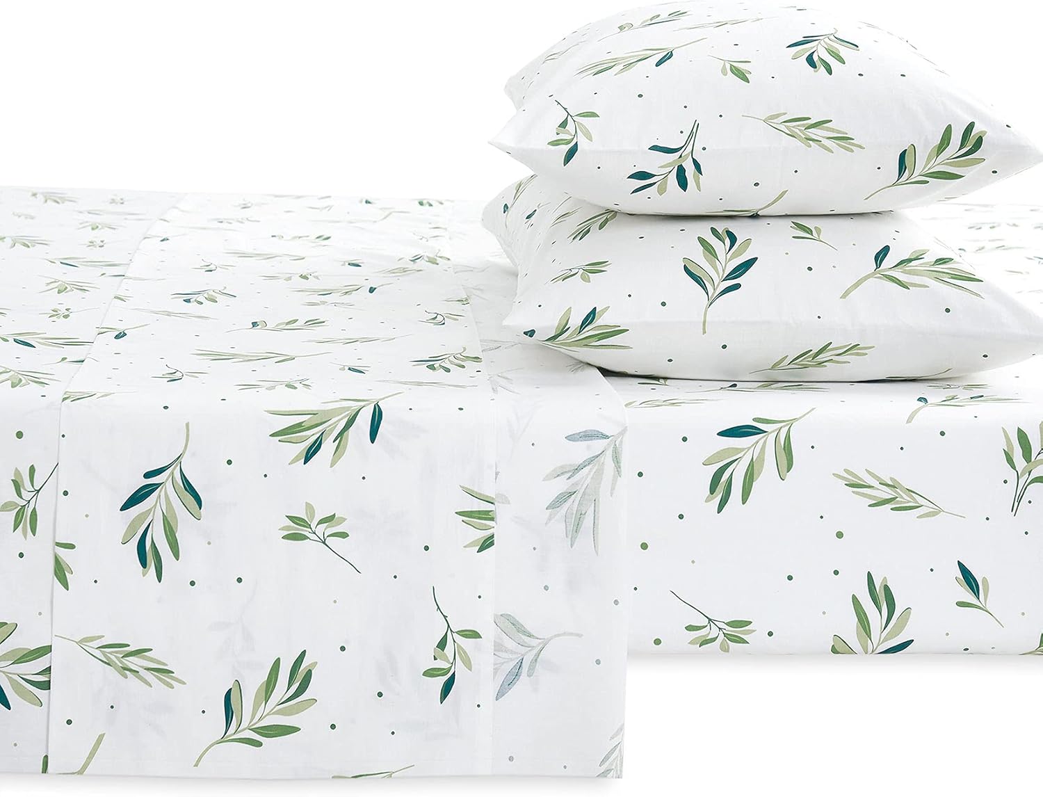 Wake In Cloud - Botanical Bed Sheets, 100% Cotton, 4-Piece Sheet Set, Cottagecore Floral Plant Leaves Coquette Shabby Chic Aesthetic Bedding, Deep Pocket, Green White, Full Size