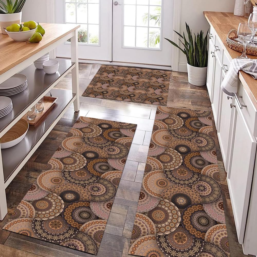 GUBIYU Farmhouse Kitchen Rugs Sets 3 Piece with Runner Soft Kitchen Floor Mat Brown Floral Rugs Boho Rugs for Bedside Kitchen Carpet and Rugs Non Slip