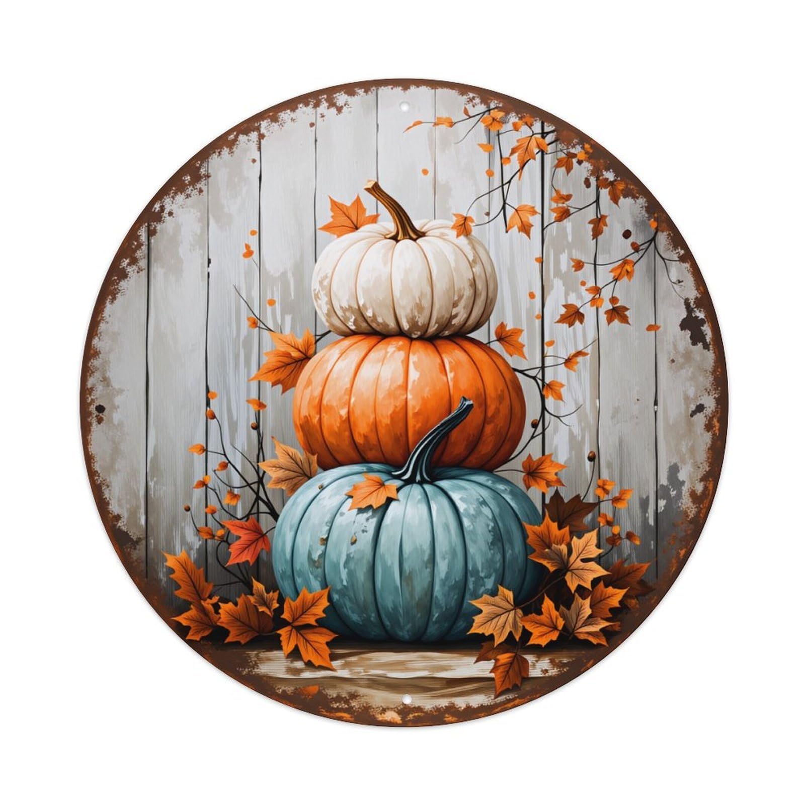 Stacked Pumpkins Autumn Leaves Wooden Background Round Vintage Tin Sign,Retro Wall Art,Metal Poster for Home, Bar, Garage, Cafe, Rustic Indoor & Outdoor Decor, 8x8 Inches