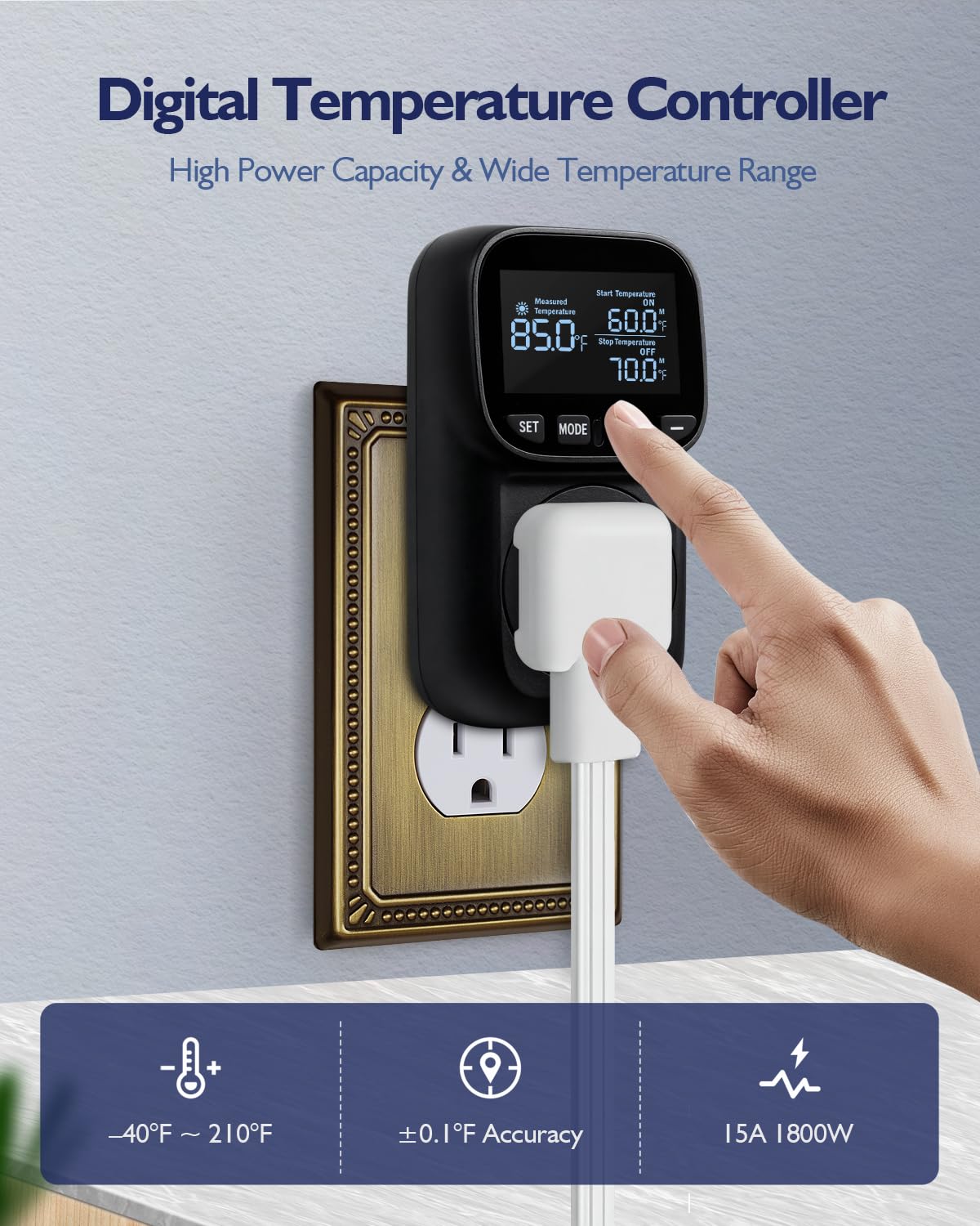 Temperature Controlled Outlet, Heavy Duty 15A 1800W Heating Cooling Thermostat Plug Outlet, -40℉~210℉ LCD Display Plug in Thermostat for Heater Greenhouse Incubator Homebrew Heat Lamp - image 2