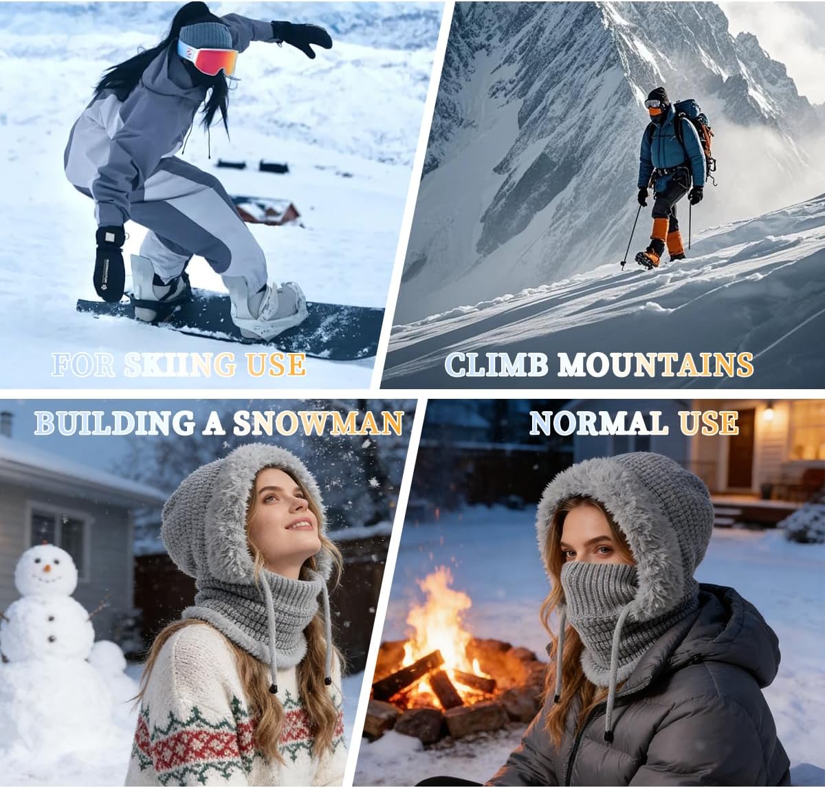 3 in 1 Beanie Hat for Women, Womens Balaclava Winter, Cold Knitted Hats Wind Resistant Hooded Scarf, Thick Plush-Lined - Image 5