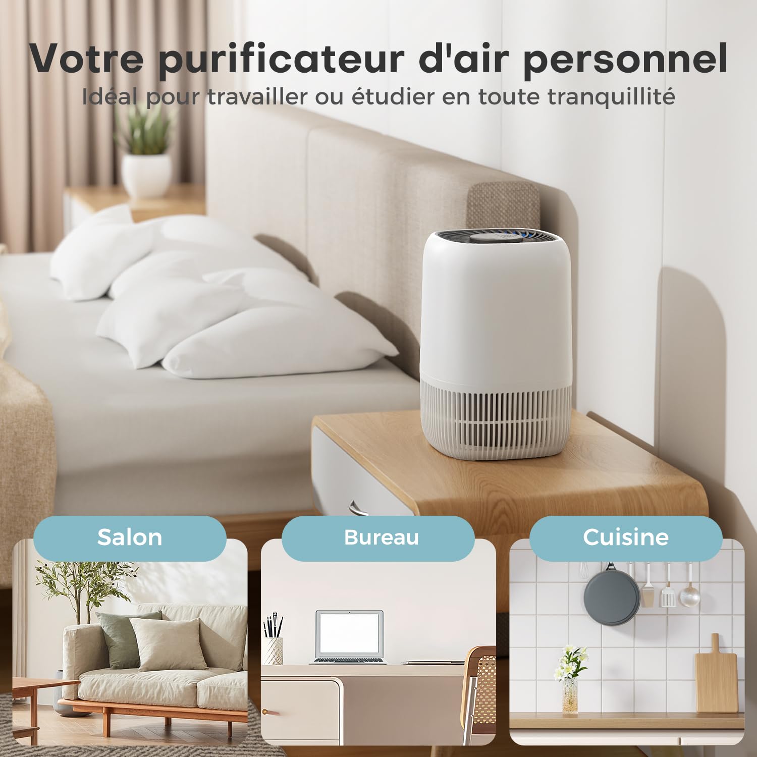 AROEVE Purificateur d'Air avec Filtre HEPA H13 à 3 Étages, Pour Chambre 20m², Silencieux 22 dB & Économie d'Énergie 5W, Élimine Pollen Fumée Poils d'Animaux, Fonction Aromathérapie