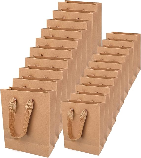 AKOFIC Brown Paper Carrier Bags, 20 Pack Brown Kraft Paper Bags Brown Paper Gift Bags with Strong Handles, Thick Recyclable Party Favor Bags Retail Lunch Bags for Party Wedding Birthday Celebrations