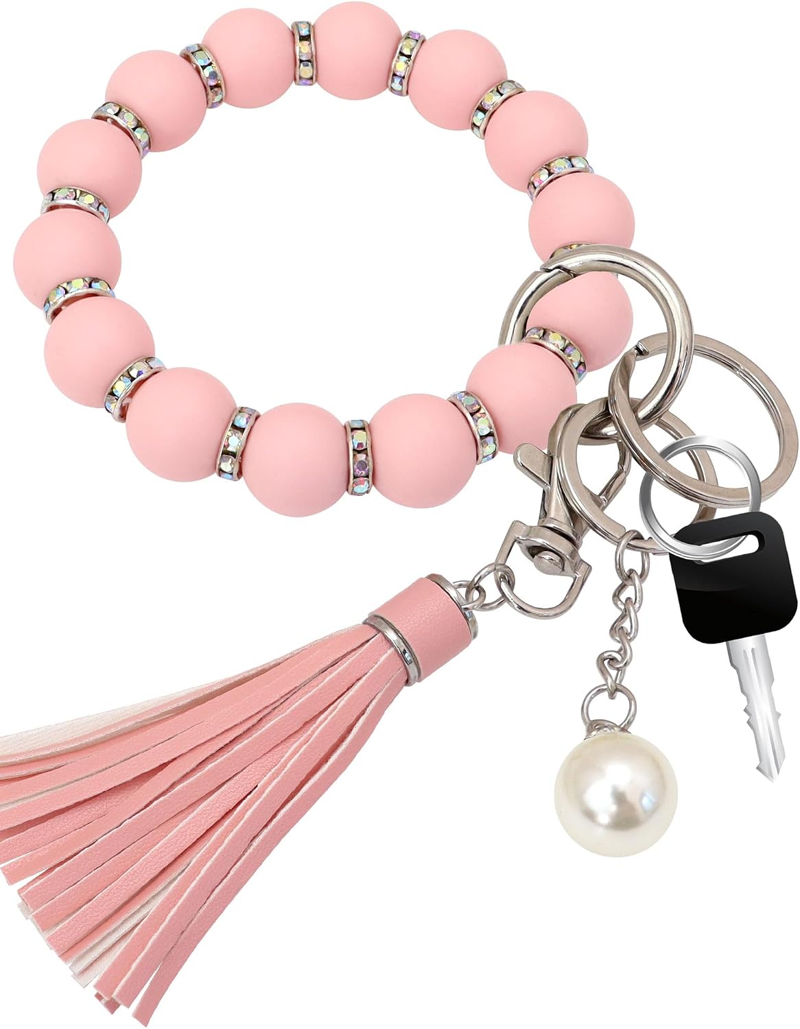 Panny & Mody Silicone Key Ring Bracelet Wristlet Keychain with Silver Bling Zircon & Leather Tassel for Women Gift