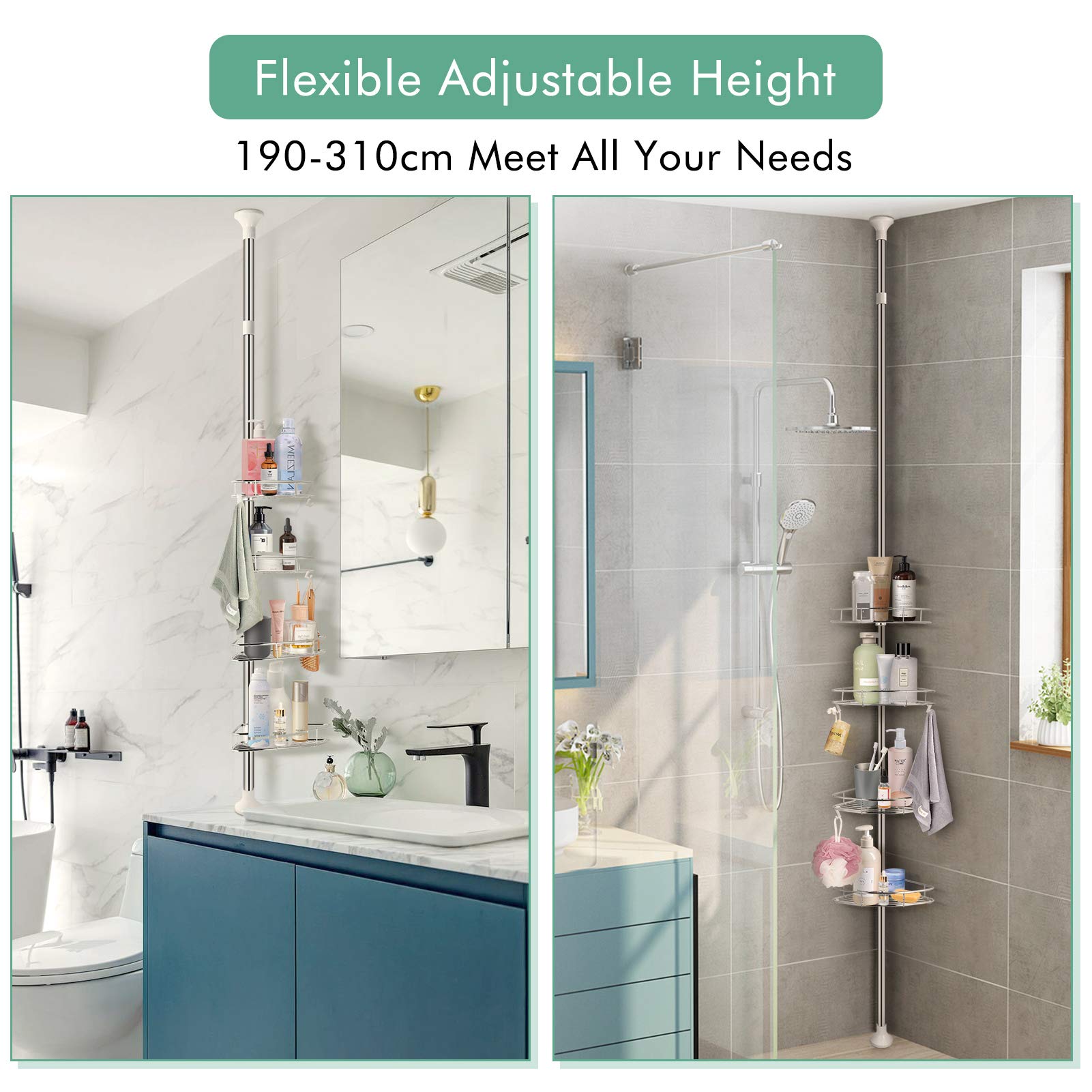 Telescopic Shower Storage Corner Shelf, 4 Tier Adjustable Tension