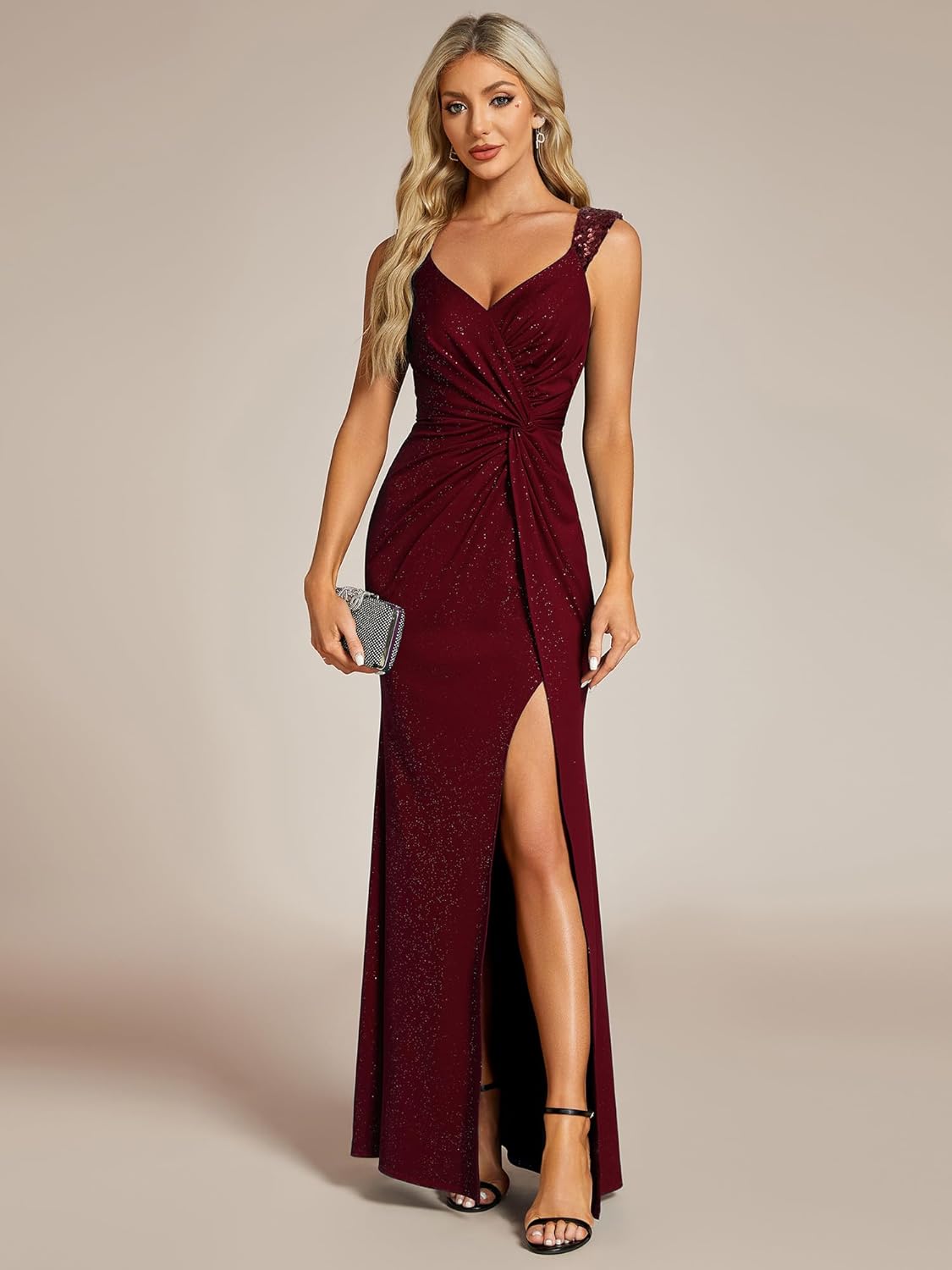 Ever-Pretty Women's Formal Wedding Guest Dresses V-Neck Stretchy Glitter Bodycon Sleeveless High Split Sexy Prom Dress - Image 5