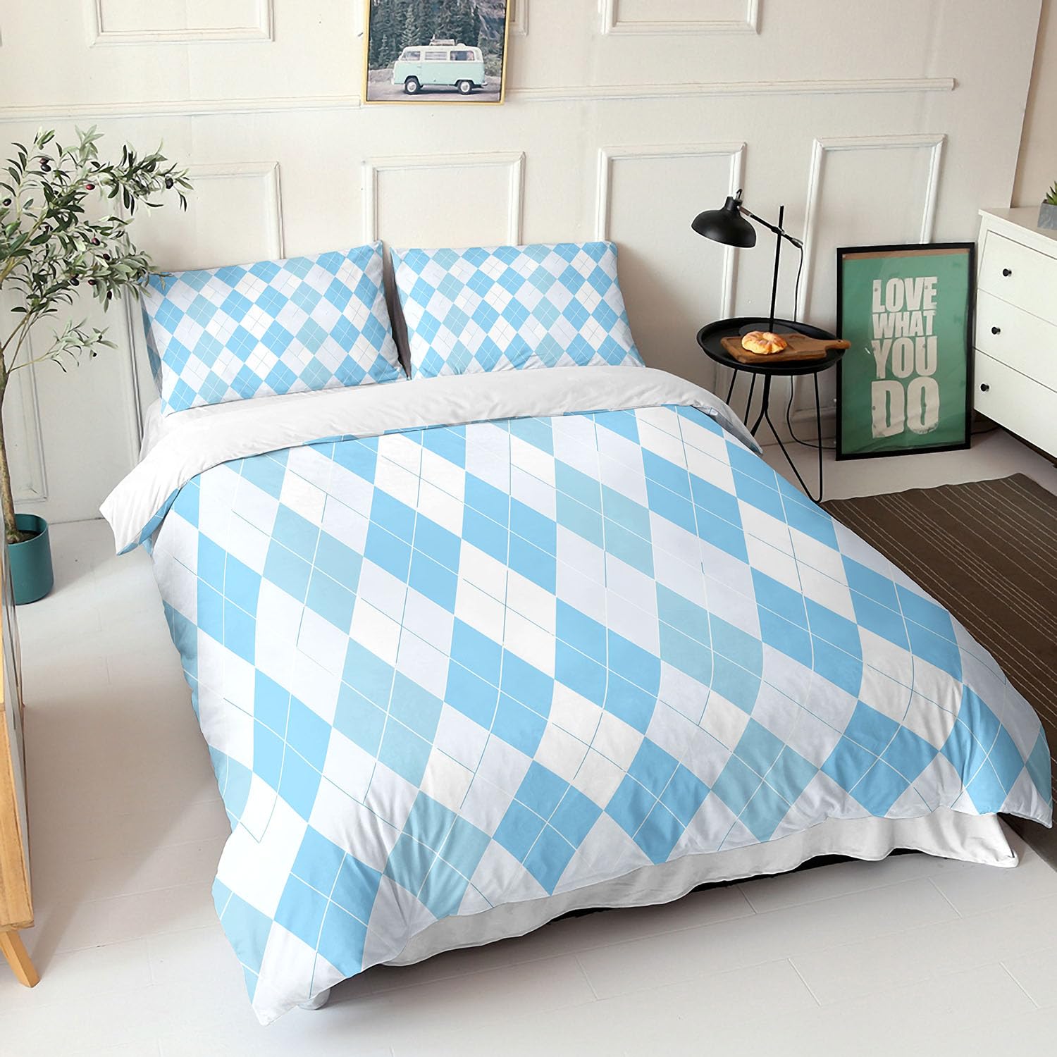 Copripiumino Singolo con Motivo Geometrico A Rombi Blu e Bianco, Set di Biancheria da Letto Giapponese Carino Per Bambini, Ragazzi e Adulti, Copripiumino Patchwork Moderno e Semplice Per Tutte Le St