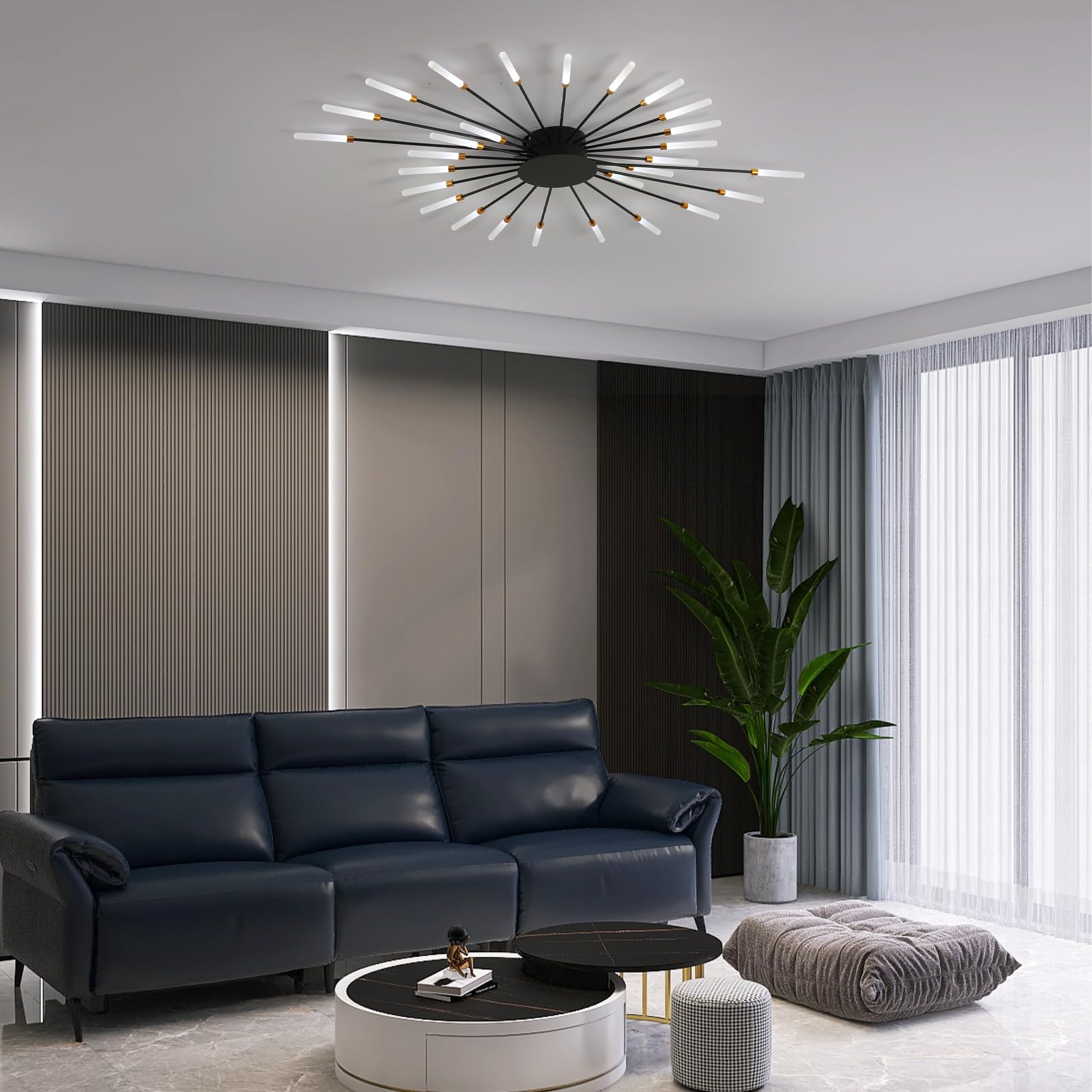 Plafonnier Led Moderne,28 TêTes À Intensité Variable,Plafonnier Semi-Encastré,Lustres Noirs Pour Chambre À Coucher,Salon,Cuisine,Salle À Manger, Restaurant,Bureau,3000-6000K Avec Télécommande