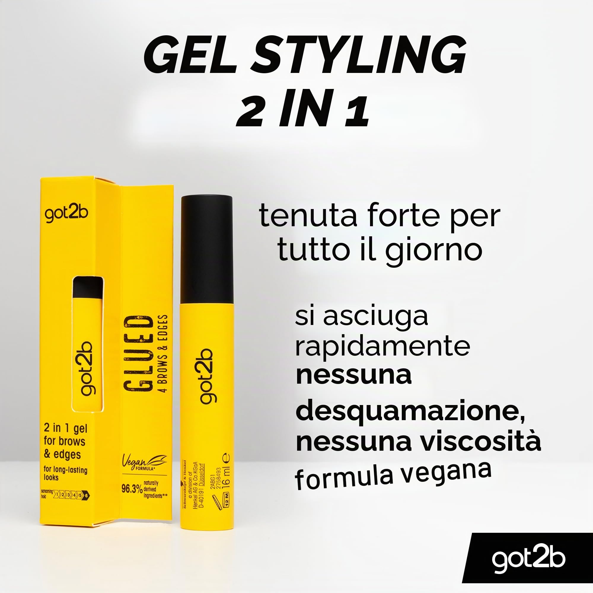 got2b Gel per sopracciglia 2 in 1 incollato per sopracciglia e bordi, tenuta 72 ore, senza residui bianchi o appiccicosità, vegano, senza silicone, senza alcool, 16 ml