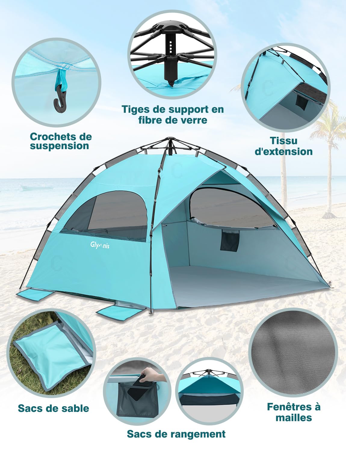 Glymnis Tente de Plage 4-6 Personnes Pop Up Tente de Plage hydraulique Automatique Abri Solaire Portable UPF 50+ Protection UV