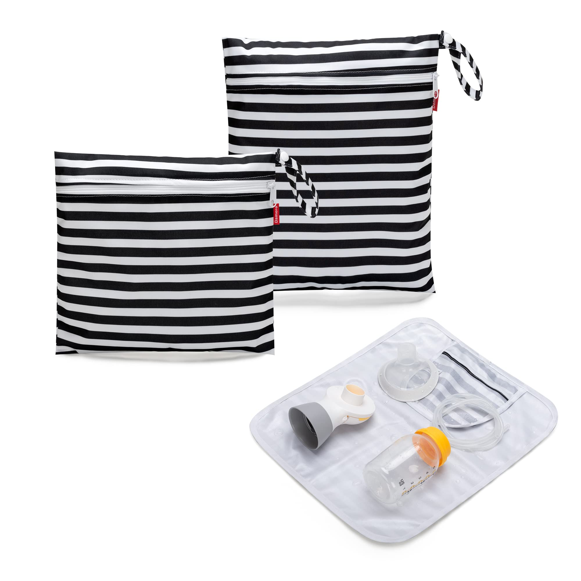 Damero Breast Pump Parts Bag, 2Pack Wet Bag for Breast Pump Parts Storage with Waterproof Mat, Black Strips